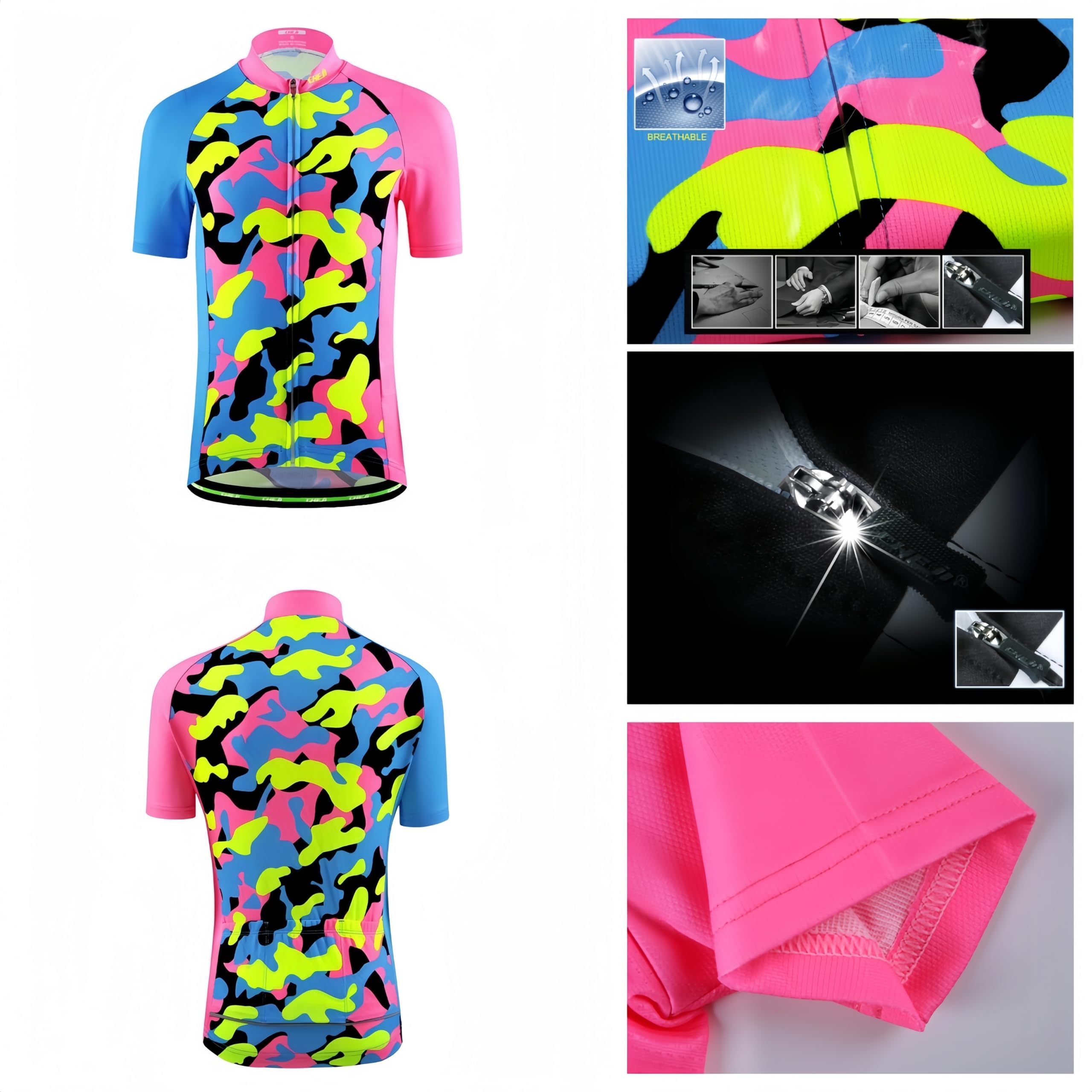 Kids Cycling Jersey Set (Short Sleeve Jersey + Padded Shorts) (Pink Camouflage, 7-9 Years)