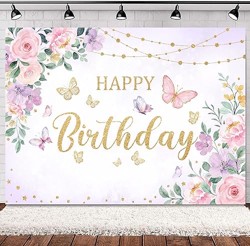 SVBright Fondo de mariposa floral de feliz cumpleaños, 7 pulgadas de ancho x 5 de alto, lindo rosa y morado, flor de flor pastel, niñas, dorado,