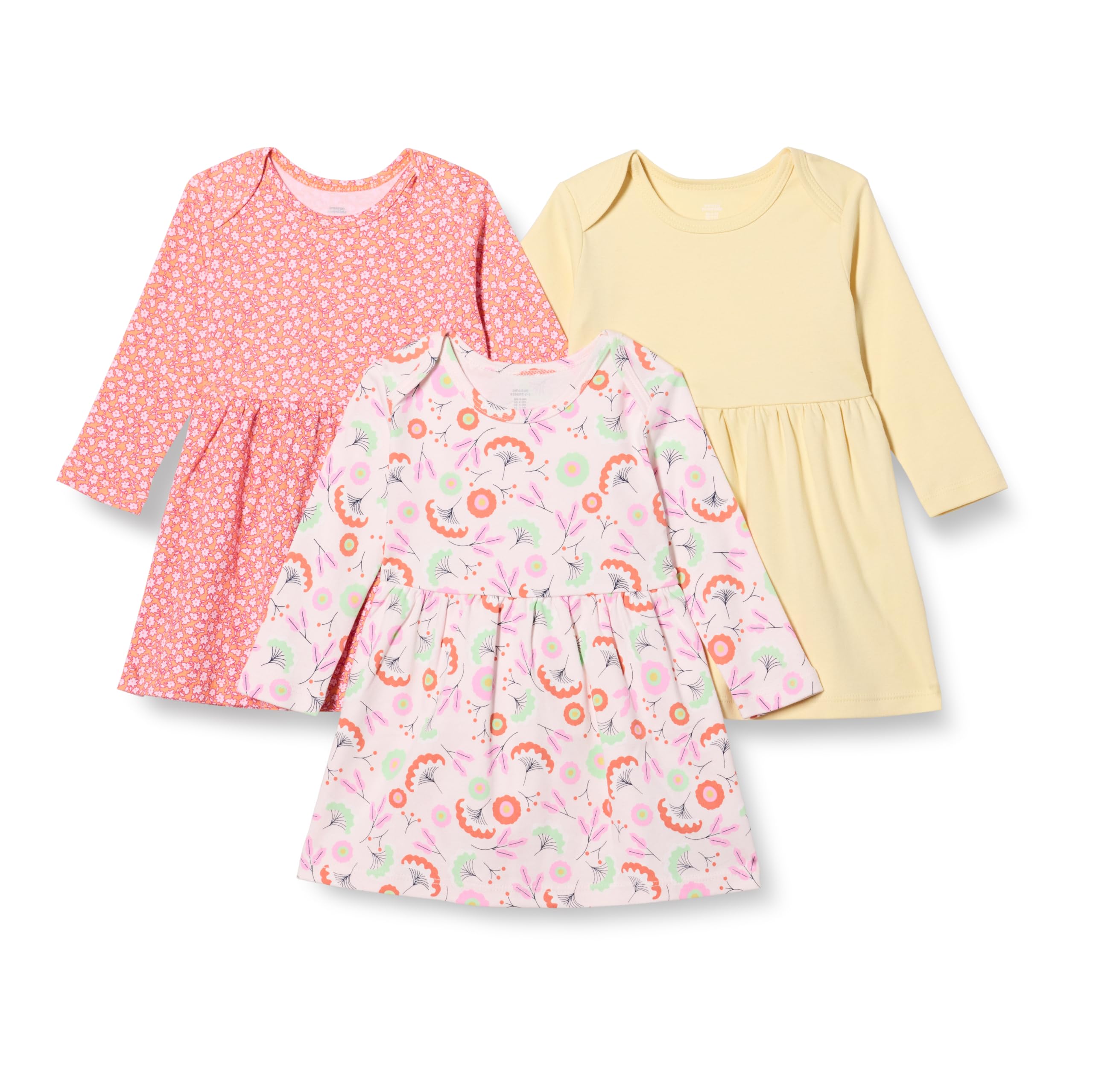 Amazon Essentials Unisex Toddlers' Baby Girl and Toddler 3-Pack Long Sleeve Dress, Pale Yellow/Florals, 0-3 Months