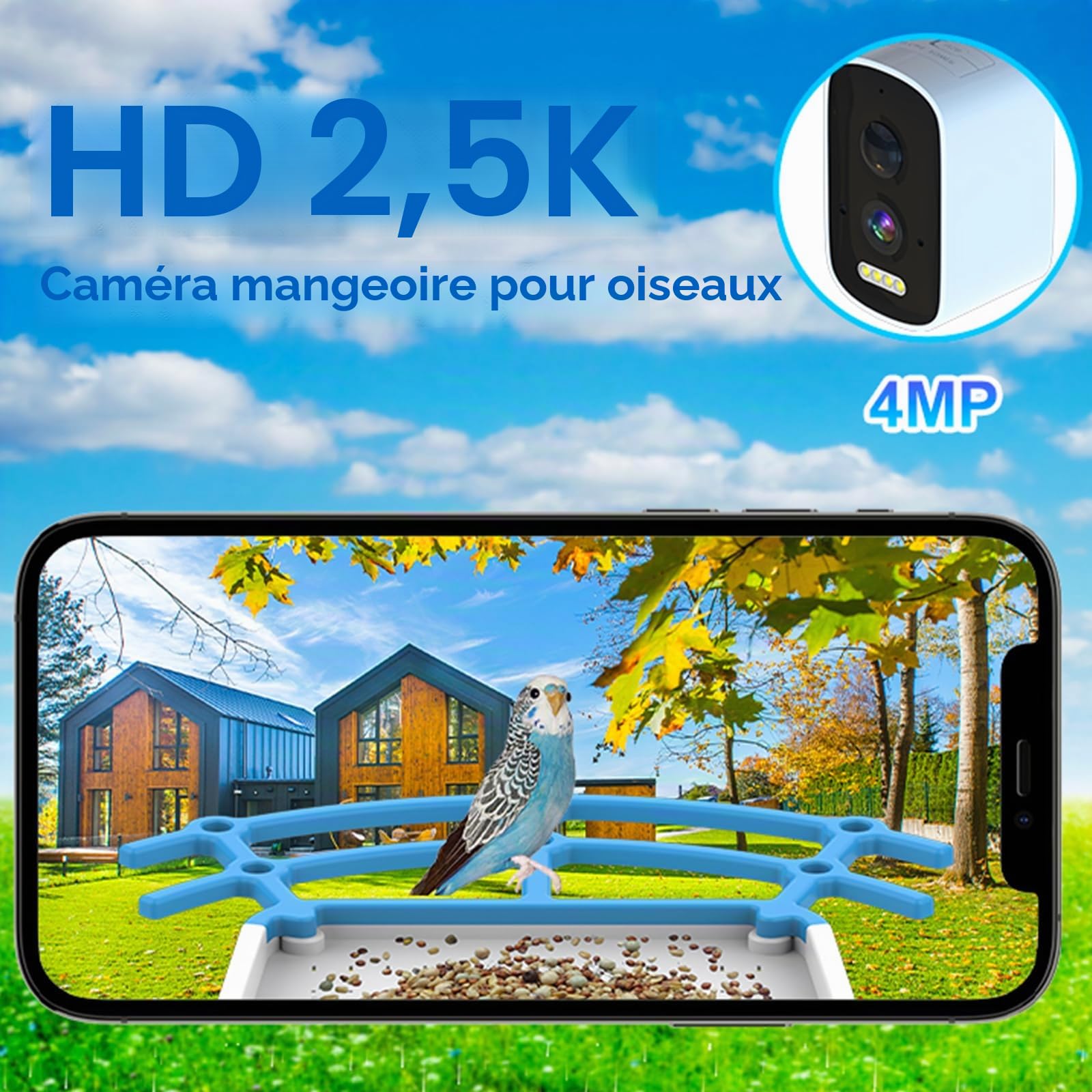 Nichoir avec Caméra, Maison d’Oiseaux avec Caméra, Mangeoire Vidéo WiFi | pour Oiseaux, Distributeur Intelligent avec Panneau Solaire & Reconnaissance IA des Oiseaux