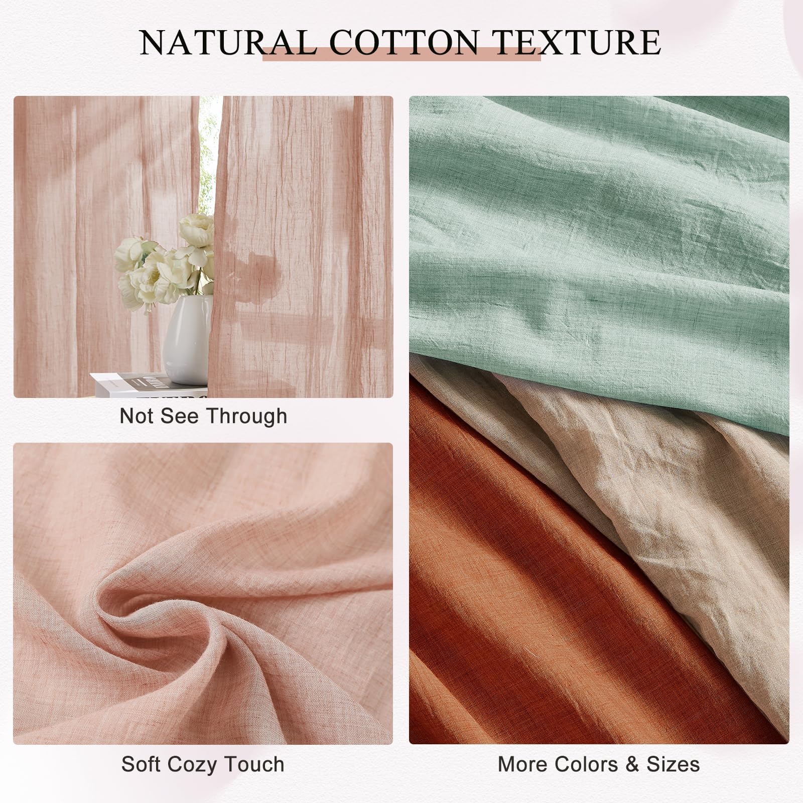 Melodieux Lot de 2 voilages Rose pâle de 160 cm de Long pour Chambre à Coucher, Rideaux élégants en Coton froissé et Lin froissé avec Passe-Tringle pour Salon, 132 x 160 cm (l x L), Rose pâle
