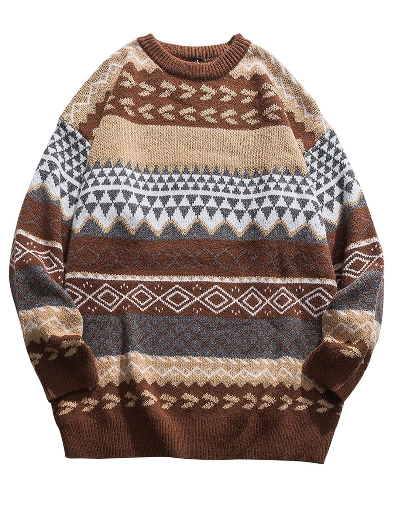 FlygoMen's Vintage Grandpa Sweater Crewneck Oversized Striped Aztec Cable Knit Pullover Unisex Jumper Tops