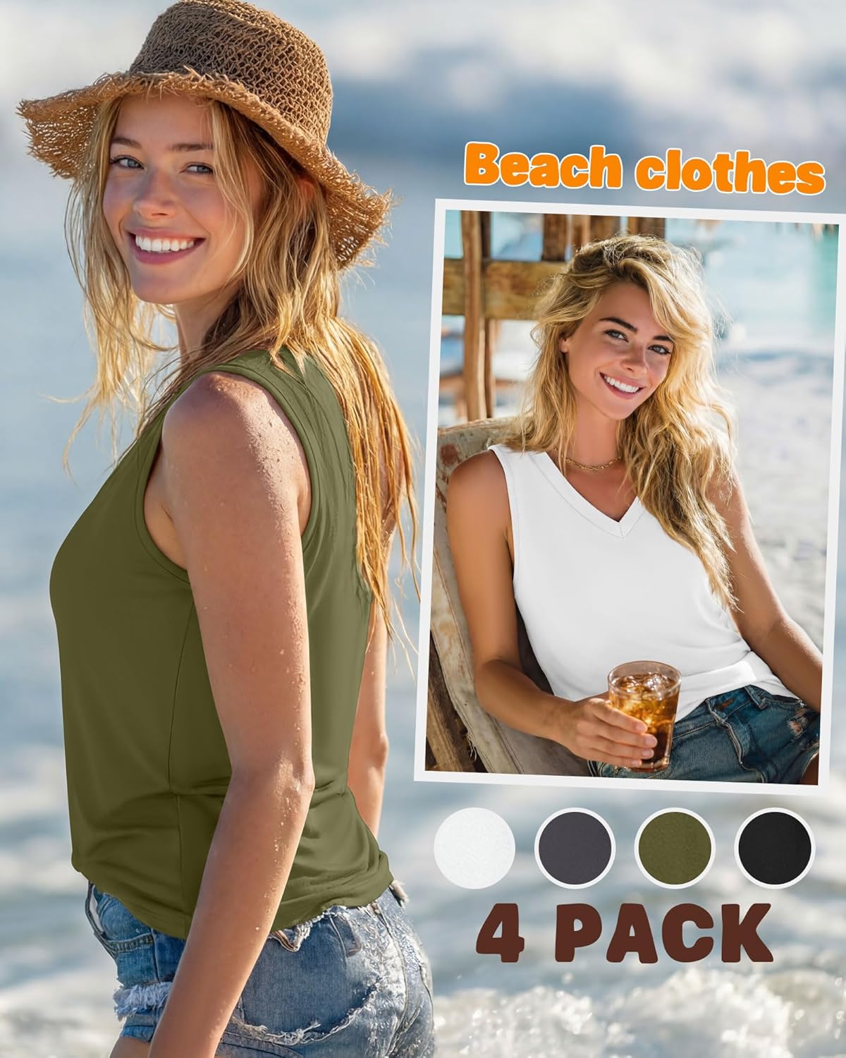 4 Pack Women's Tank Tops Loose Fit V Neck Sleeveless Shirts Summer Casual Tees 2026 Beach Vacation Outfits image 4