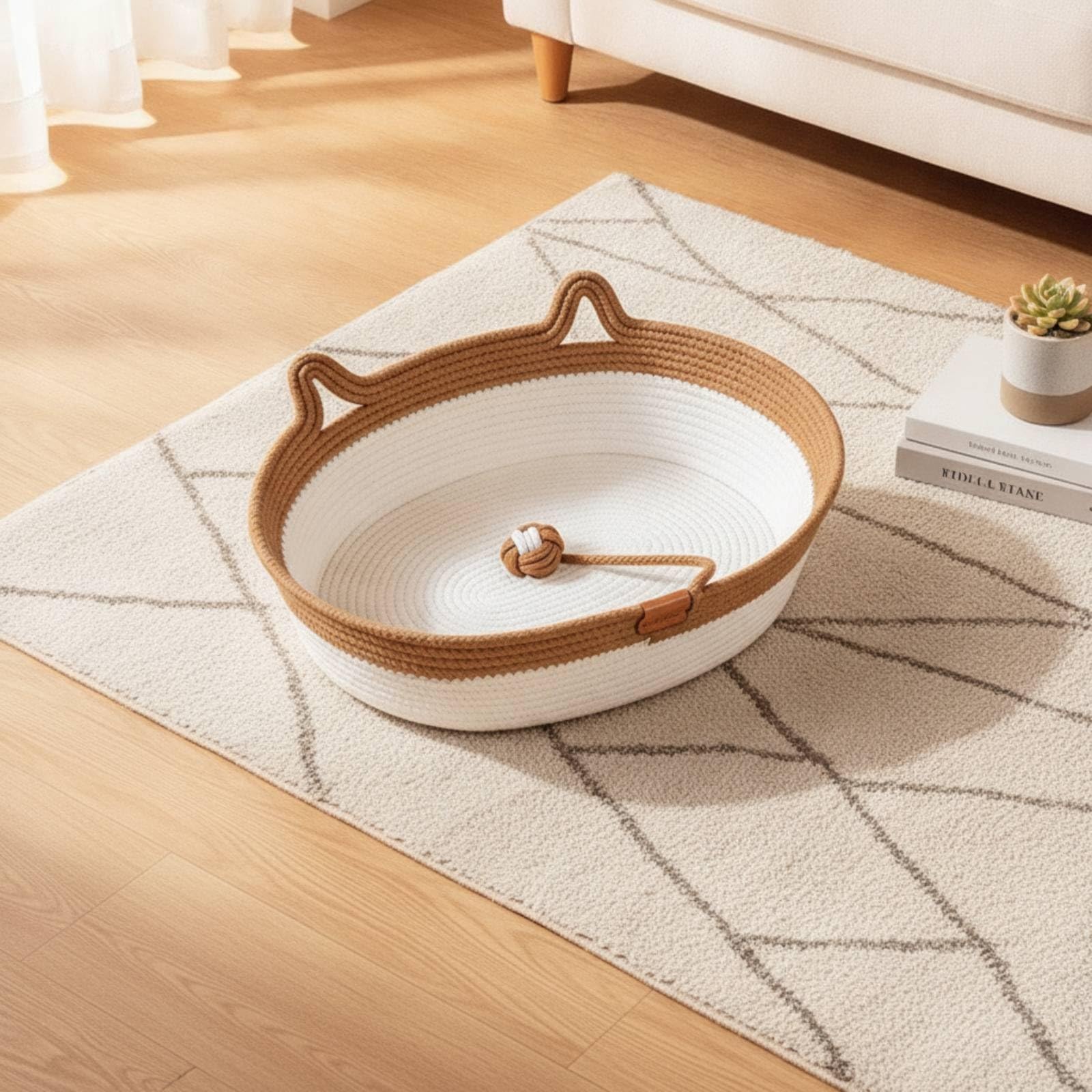 Cuccia Intrecciata per Gatti Letto Cesto Nido Cesta con Cesto Robusto Lati Rialzati Confortevoli Palla Appesa Finitura Adatta a Riposo Ambienti Interni Decorazione Casa, 麻藤席窝-咖色, 特大号60 45cm