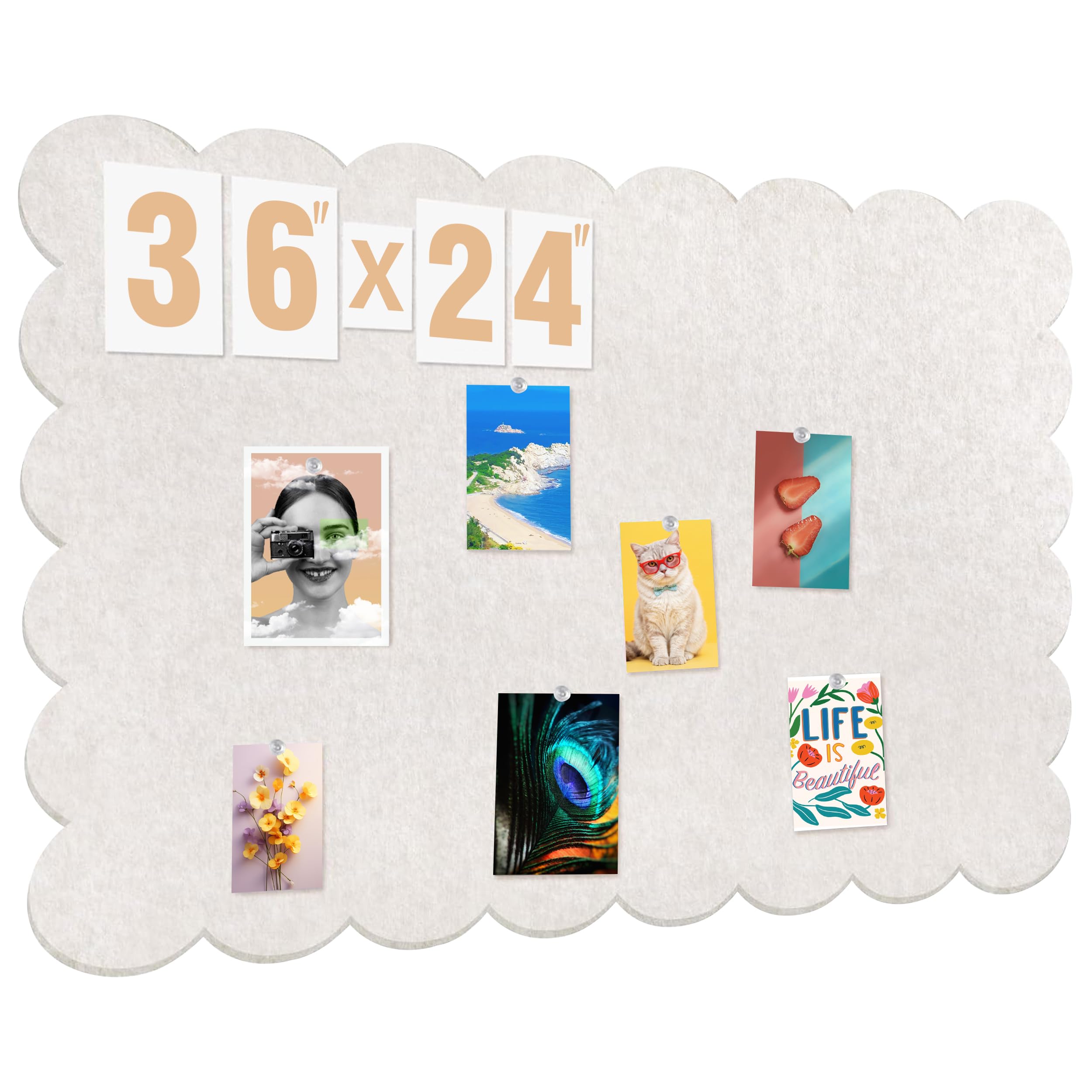 KEAGAN Tablón de anuncios de fieltro con borde ondulado, plegable, color beige, 90 x 60 cm, azulejos de fieltro para pared, tablón de corcho, autoadhesivo, cuadro decorativo, tablón de visión, tablón