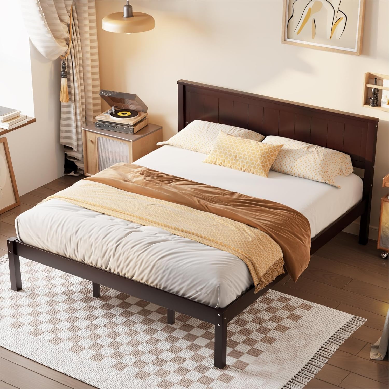 Wood Platform Bed, Bed Frame with Headboard, Wood Slat Support, No Box Spring Needed, Queen, Espresso