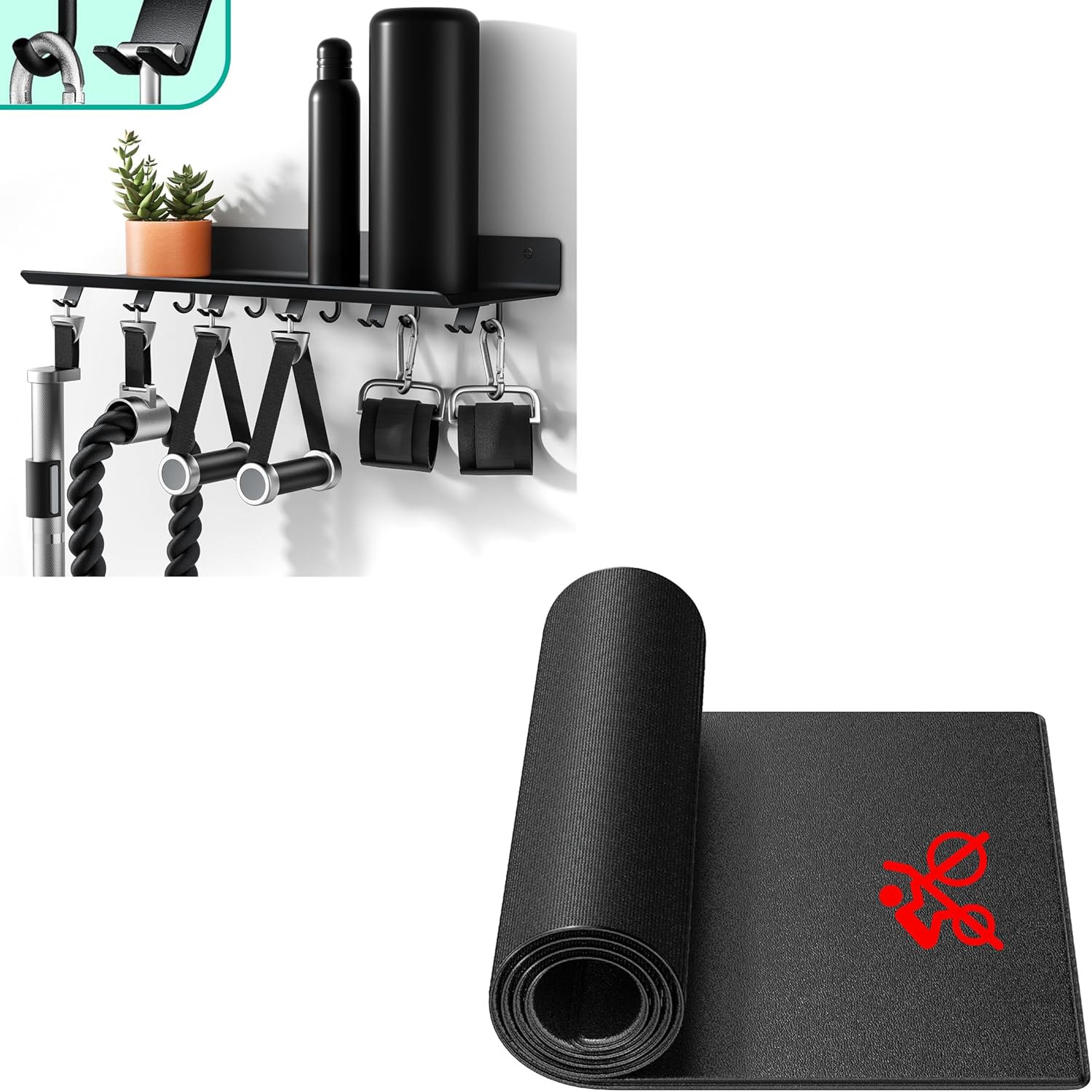 Bike Trainer Mat Compatible with Peloton Bike, for Treadmill & Row, 6mm Under Mat, Crostice 1-Tier Floating Shelf Compatible with Tonal Accessories, Home Gym Storage Shelf