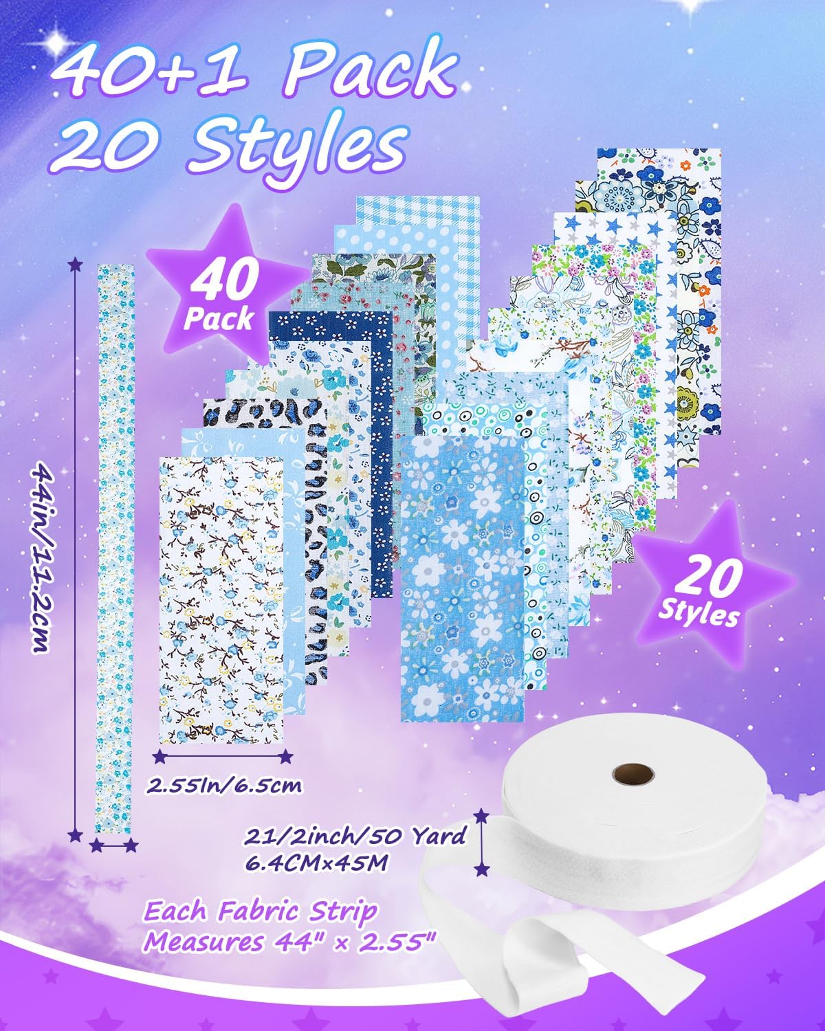 eZAKKA 41 Pcs Blue Jelly Roll Fabric Strips for Quilting, Cotton Jelly Fabric Rolls Floral Quilting Strips Patchwork, 20 Unique Prints with 1 Pcs Jelly Roll Batting(2 1/2 Inch x 50 Yards)