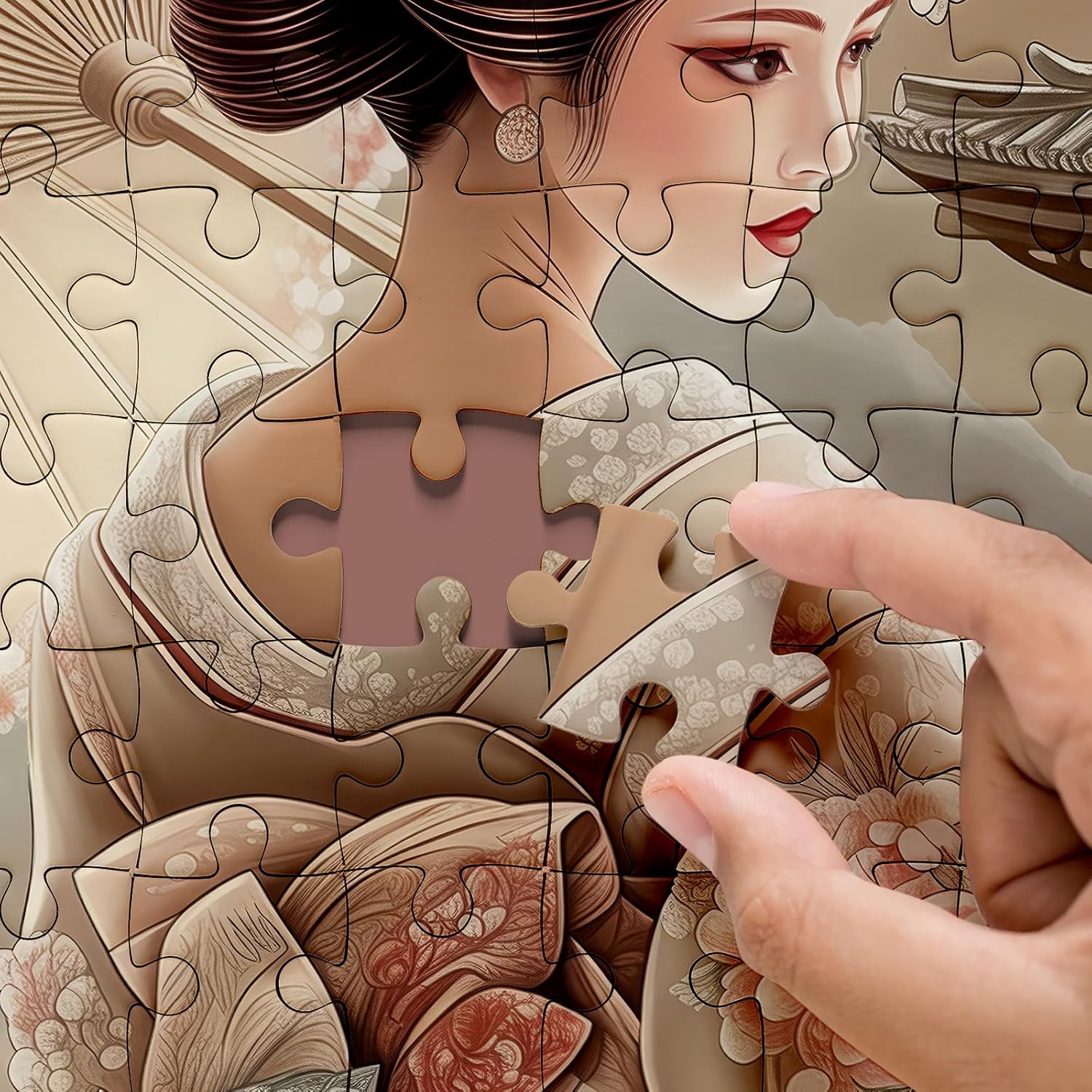 Japanese Kimono Geisha Puzzle 1000 Piece for Adults, Spring Colorful Cherry Blossom Flower Jigsaw Puzzle, Vintage Garden Nature Art Puzzles