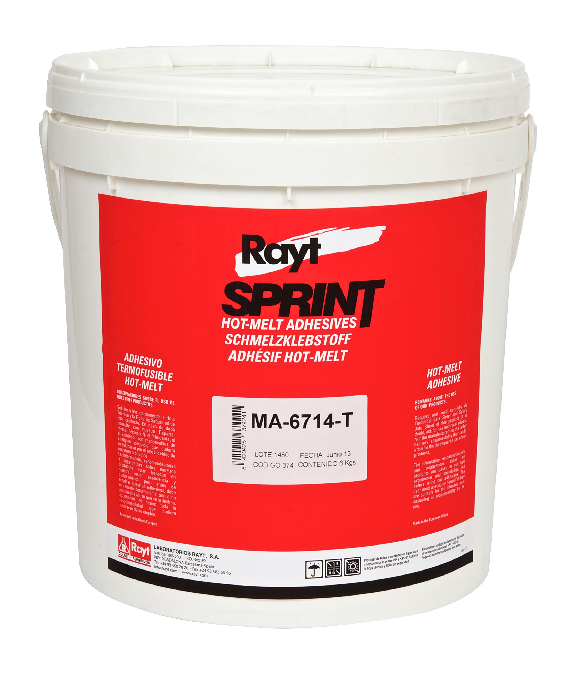 Rayt 374-24 Sprint Adhesivo termofusible Hot-Melt transparente para encolado de cantos. Alta adhesividad, indicado para poliéster, melamina, chapa de madera y PVC/ABS, 6 kg