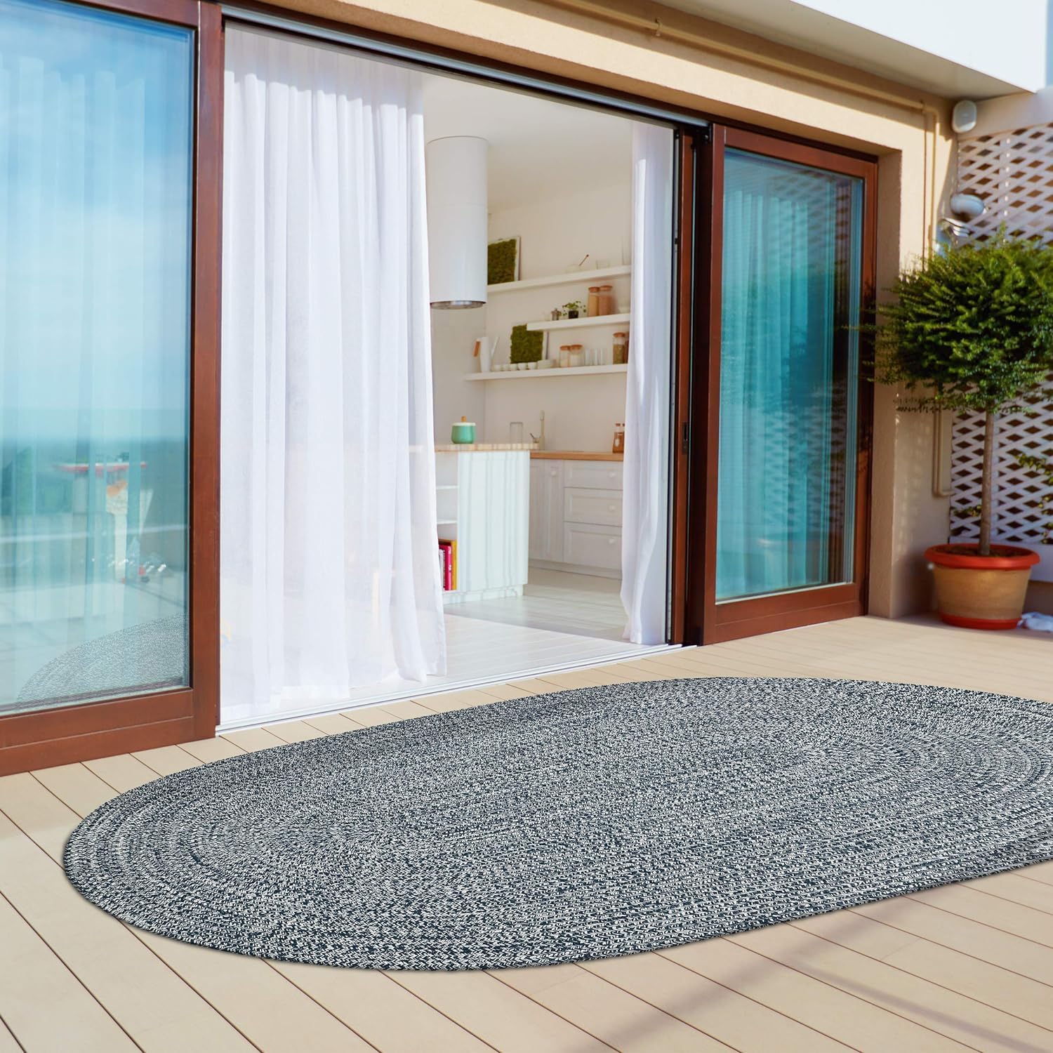 Superior Indoor/Outdoor Area Rug, Dual-Tone Reversible Braided Floor Decor for Patio, Front Porch, Entryway, Living Room, Office, Nursery, Artistic Home, 8' x 10', Denim Blue-White
