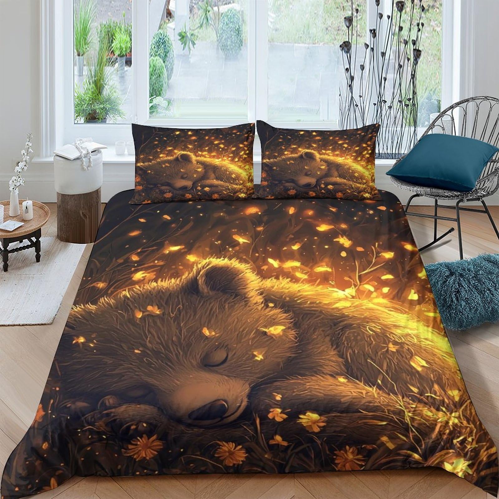 Ctjqhvkz Style-3 3D Printed Sleeping Bear Fitted Sheet Microfiber Soft Brown Forest Firefly Mattress Cover For Bedroom Dorm Decorative Single（135X200cm）