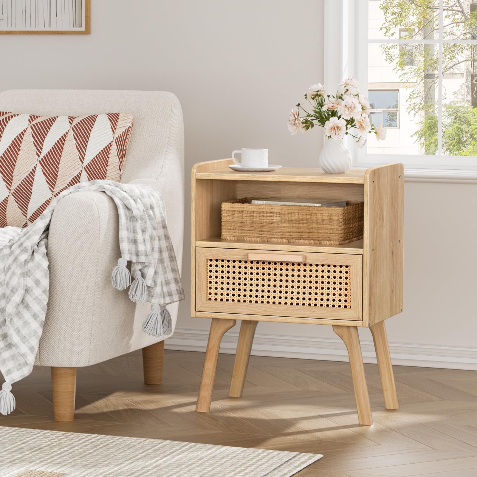LELELINKY Lot de 2 Tables de Chevet en rotin bohème - Petite Table d'appoint en Bois avec tiroir et étagère Ouverte - Table de Chevet avec Pieds en Bois Massif - pour Salon, Table Basse, Chambre à