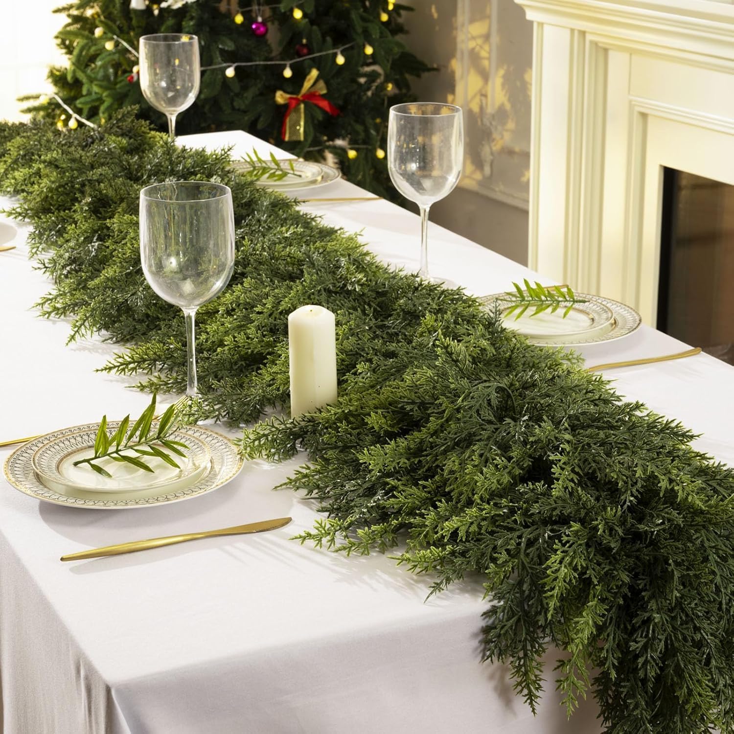 2 Pcs 9 Feet Christmas Cedar Garland - Thick & Lush Realistic Artificial Green Faux Cedar Pine Needles Garland for Christmas Winter Home Mantel Fireplace Holiday Party Decor