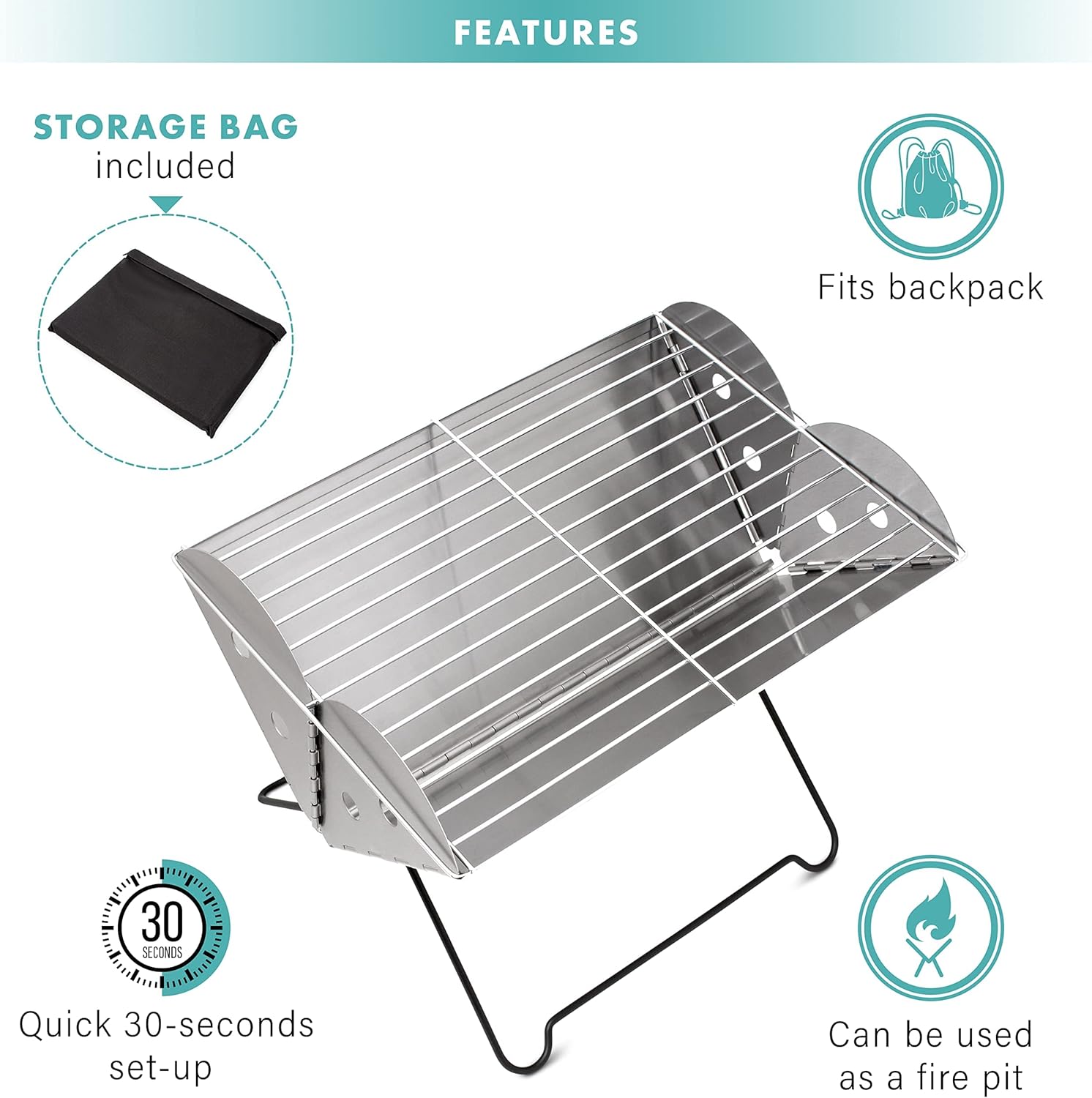 Vaygway Flatpack Portable Foldable Stainless Steel Grill and Fire Pit- Premium Quality Portable Travelling BBQ Grill- Wood Burning Charcoal Grill- For Camping, Hiking, Picnics (2 Pack)