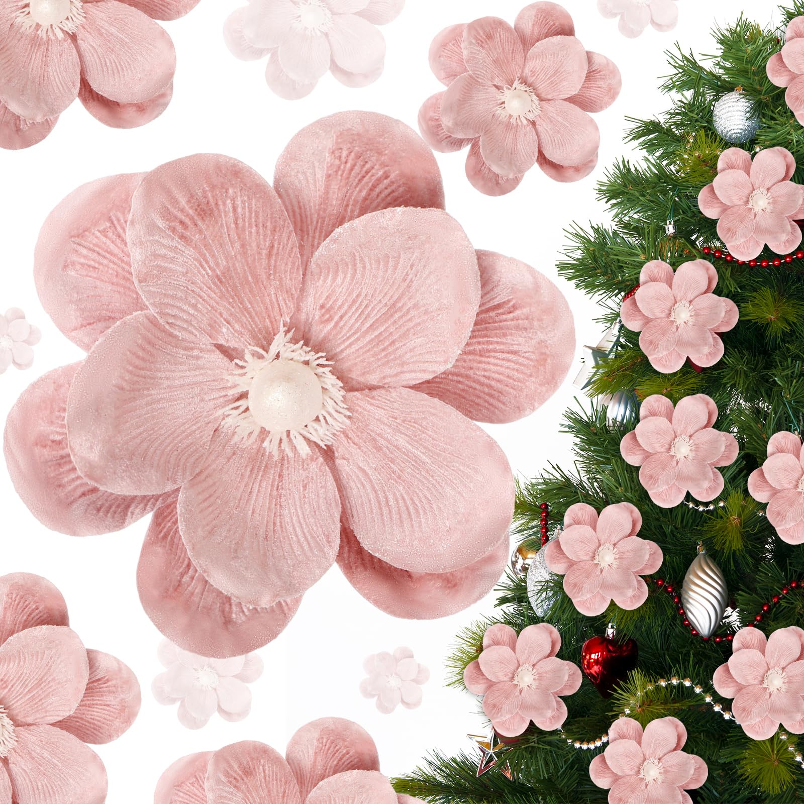 Craftsatin 12 Pcs Christmas Velvet Poinsettia Burgundy Magnolia Flowers Ornaments Glitter Large Heads Artificial Magnolia Flowers for Christmas Tree Decorations Wedding Decor Supplies (Pink)