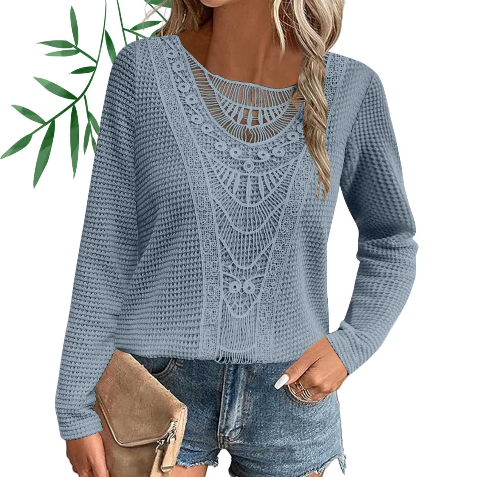 Womens Waffle Knit Tunic Tops Solid Lace Patchwork Hollow Out Crew Neck Tshirts