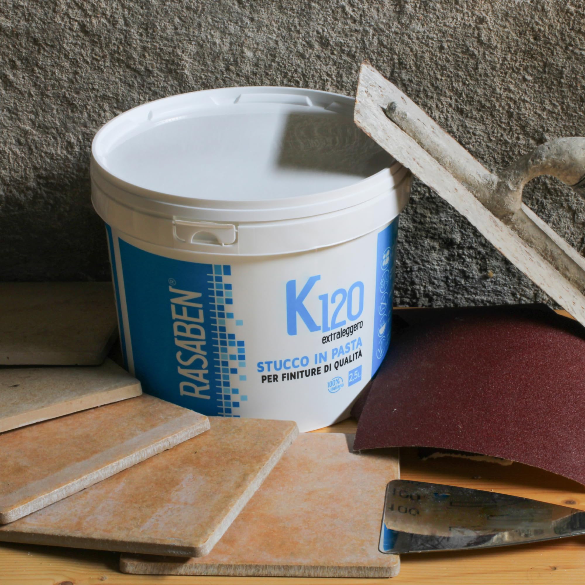RASABEN - Stucco in Pasta K120 Extra leggero con Microsfere di Vetro, per Finiture, Pronto all'Uso, Alto Riempimento, Anticondensa, Non Ritira o Crepa, per Interno, Made in Italy, Barattolo da 0,25L