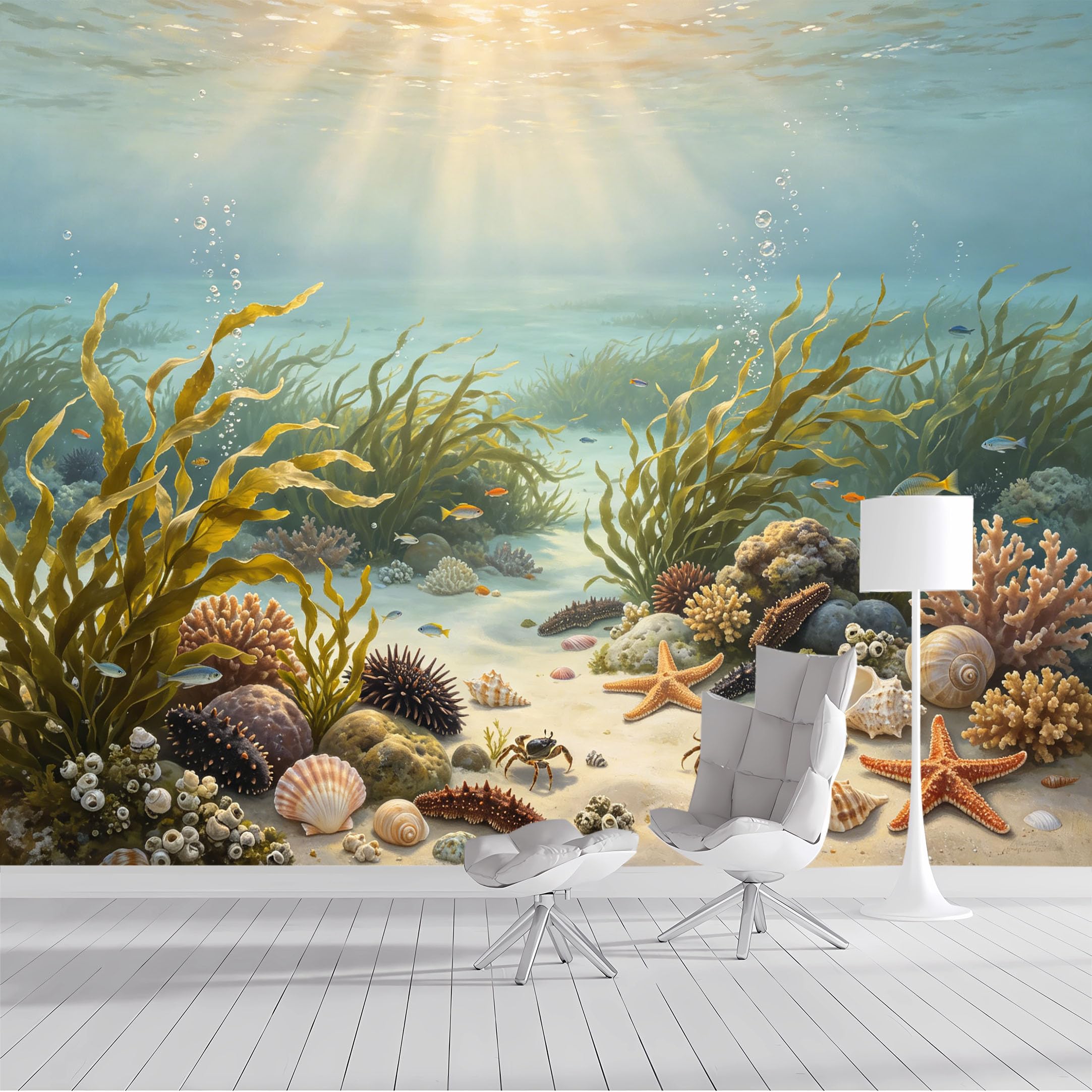 Custom Size Wall Mural Ocean Underwater Kelp Marine Life Starfish Seashells Coastal SelfAdhesive Wall Fabric Removable Peel and Stick Wallpaper Wall Decor for Living Room Bedroom Bathroom