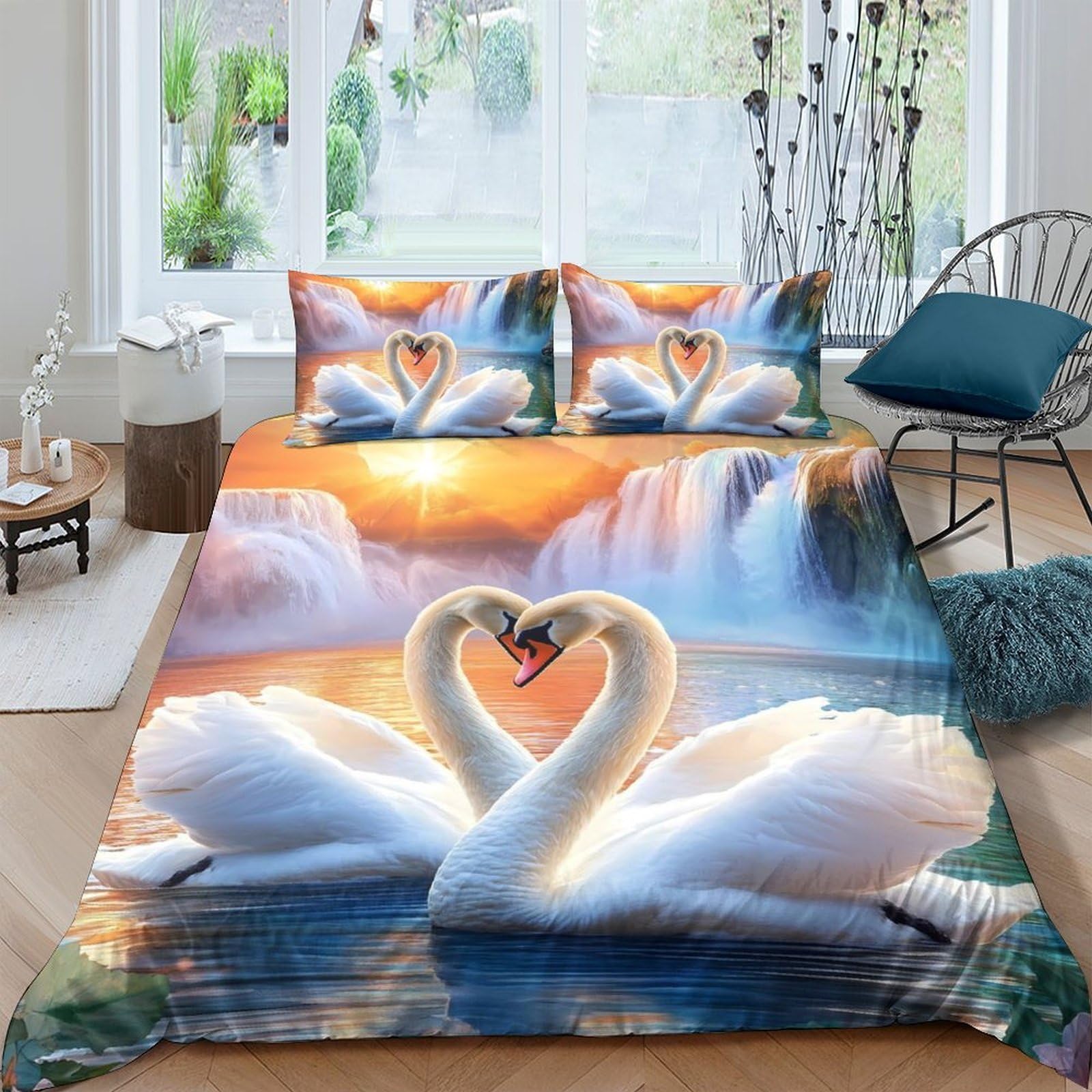 Ctjqhvkz Style-9 3D Printed Swan Lake Fitted Sheet Microfiber Soft Bed Cover Sunset Heart Bedroom Decor Mattress Protection Single（135X200cm）