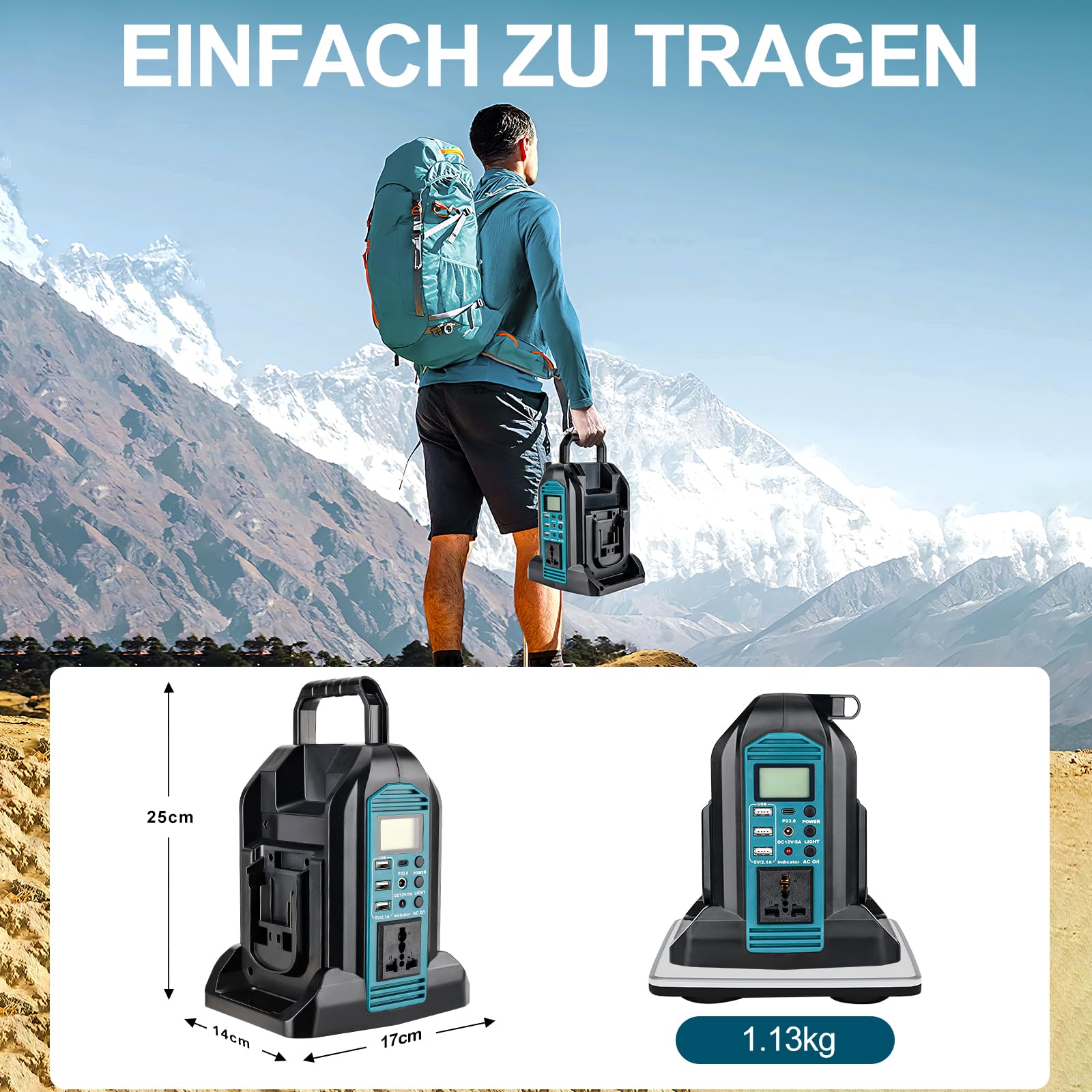 350w Wechselrichter für Makita 18v Akku, DC 18V auf AC 230V Reiner Sinus Spannungswandler, 2 Ports Stromwandler mit USB-A & USB-C Anschluss, 300LM LED Licht für Camping Notfall