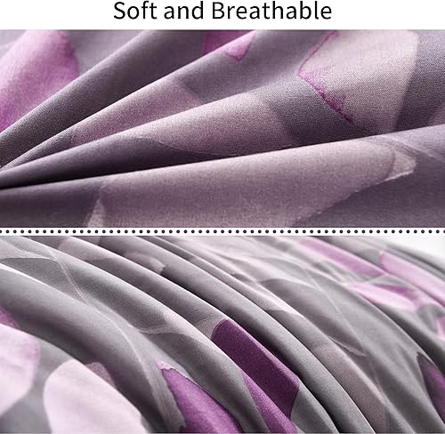 Miniatura 5 de DJY Juego de edredón de color morado, tamaño King, edredón de hojas botánicas para cama King, juego de edredón reversible floral de 3 piezas, juego