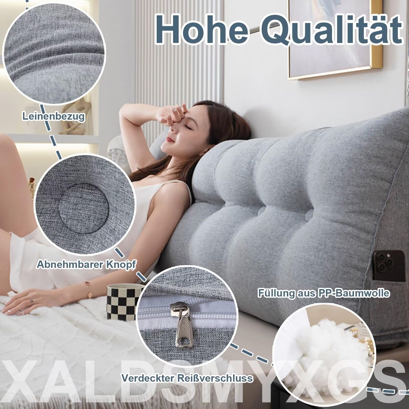 Rückenkissen Bett 180cm Beige, Leinen Rückenlehne Kissen, Keilkissen Bett kopfteil, Waschbar Abnehmbar Lesekissen für Bett und Sofa, Rückenstützkissen Lendenkissen mit Seitentasche