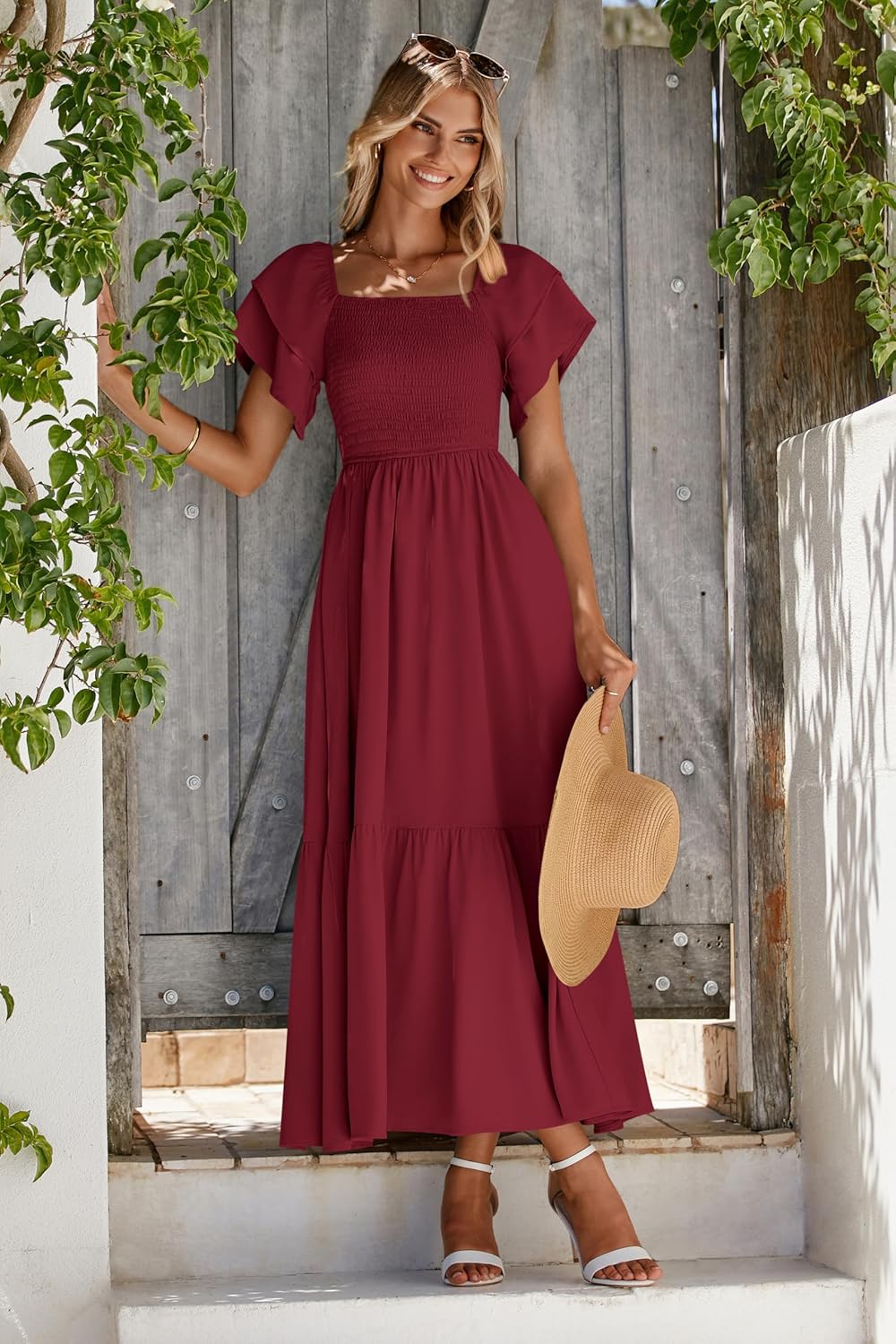 MASCOMODA Womens Summer Casual Midi Dress Square Neck Ruffle Short Sleeve Smocked High Waist A Line Wedding Guest Dresses - Image 3