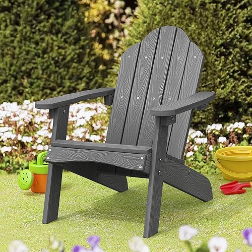 LUE BONA Silla Adirondack para niños, silla Adirondack de plástico de madera de polietileno gris, silla Adirondack para niños pequeños resistente a