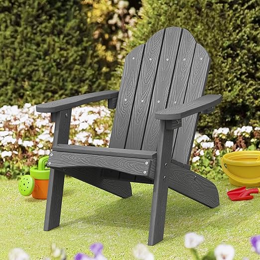 LUE BONA Kids Adirondack Chair, Gray Poly Lumber Plastic Chair, Toddler Adirondack Chair Weather Resistant, Kids Outdoor Patio Adirondack Lounge Chair for Balcony, Backyard, Preschool