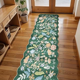2x8 Scalloped Rug Runner for Hallway: Washable Non Slip Kitchen Rug Green