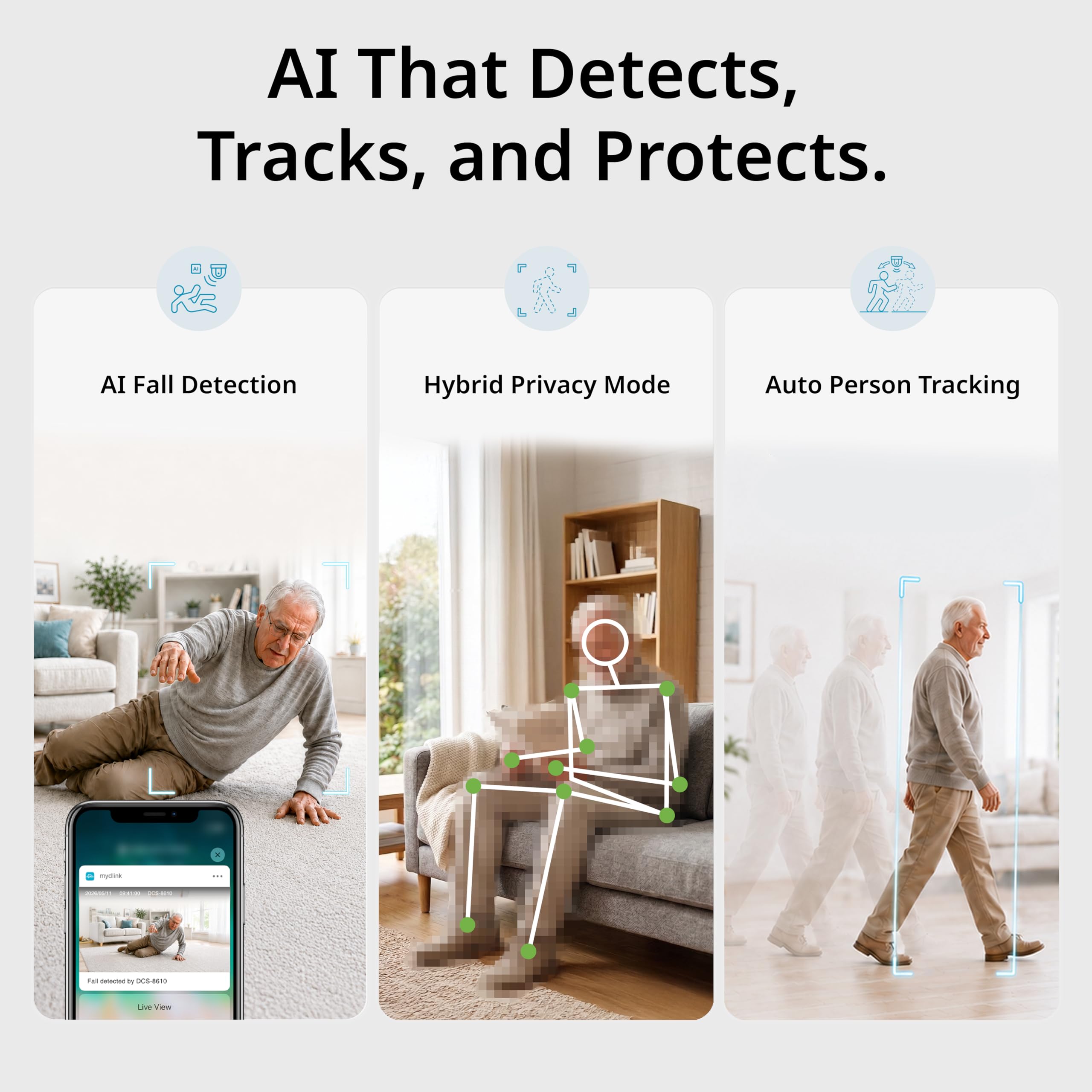 D-Link DCS-8610 Cámara Wi-Fi 2.5K QHD Panorámica con Giro e Inclinación, Detección IA de Personas y Caídas, Vista 360° con Seguimiento Automático, Audio Bidireccional, microSD, App mydlink