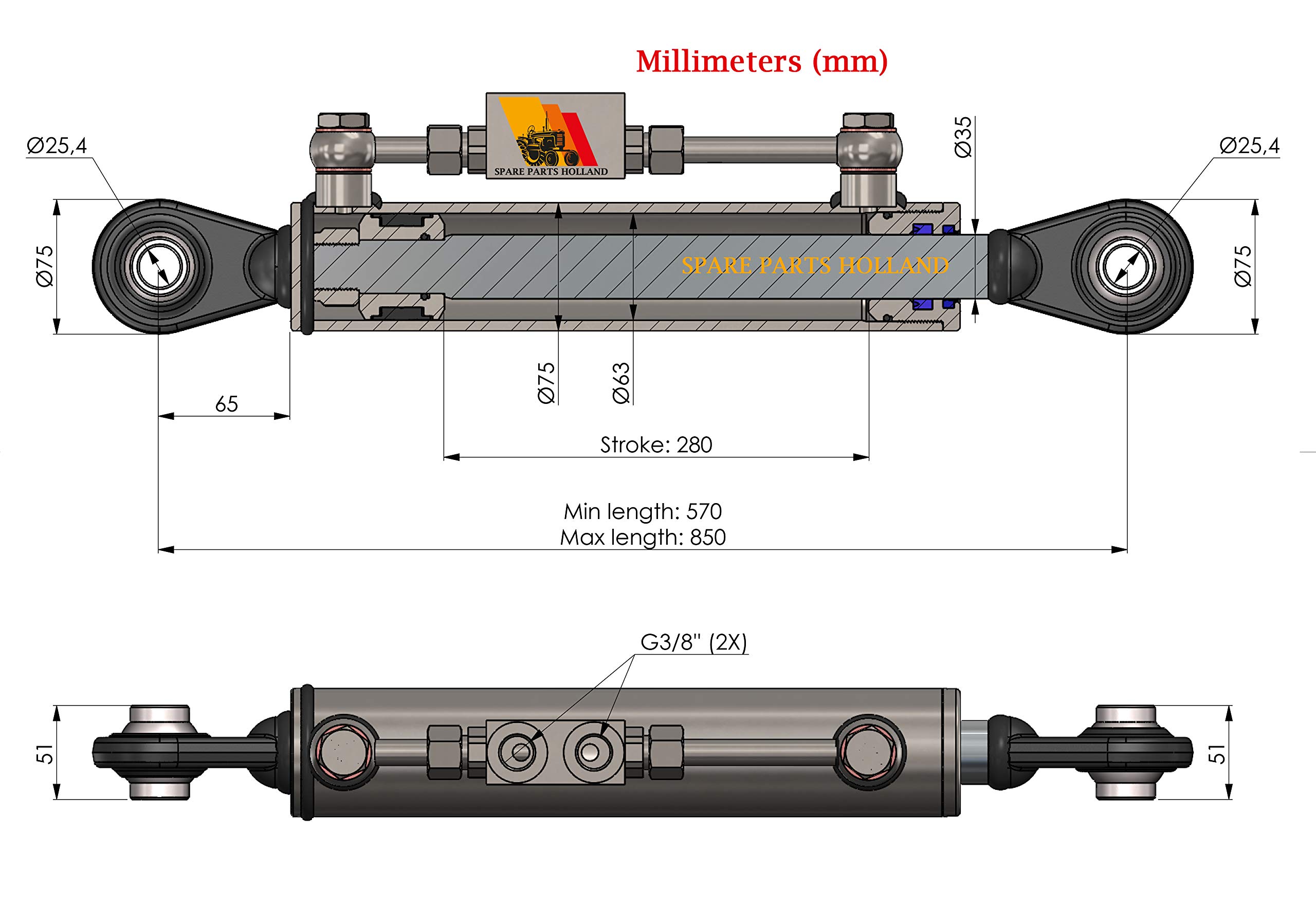 Cat Tercer Punto Hidráulico 2-2 570-850 mm Bloque de Bloqueo 2 Mangueras
