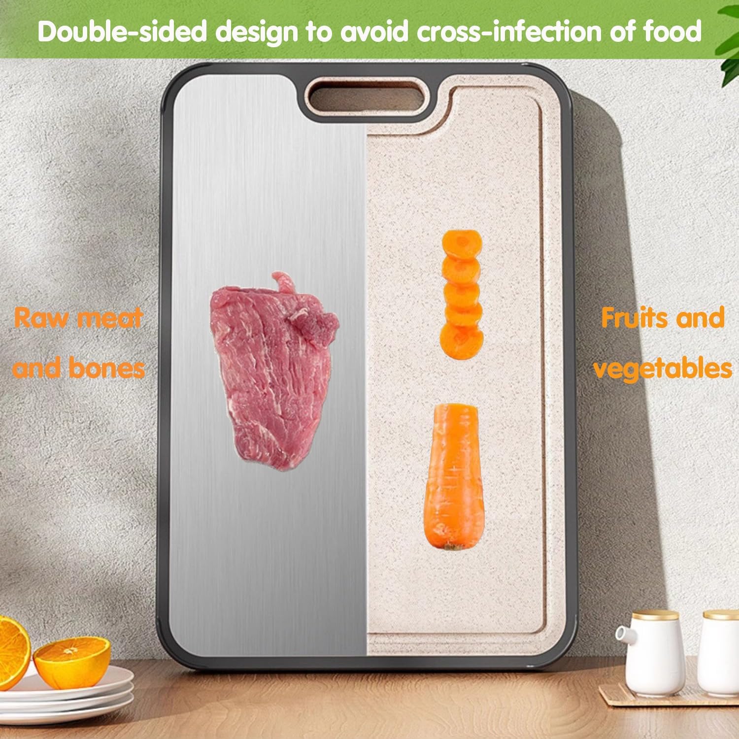 Titanium Cutting Board for Kitchen,2-in-1 Double Sided Food-Grade Pure Titanium&Wheat Straw PP,Non-Toxic，Non-Slip，Ideal for Meat,Fruit，Vegetables & Family Cooking ，Easy to Clean Large Size 15.2”×10.5”