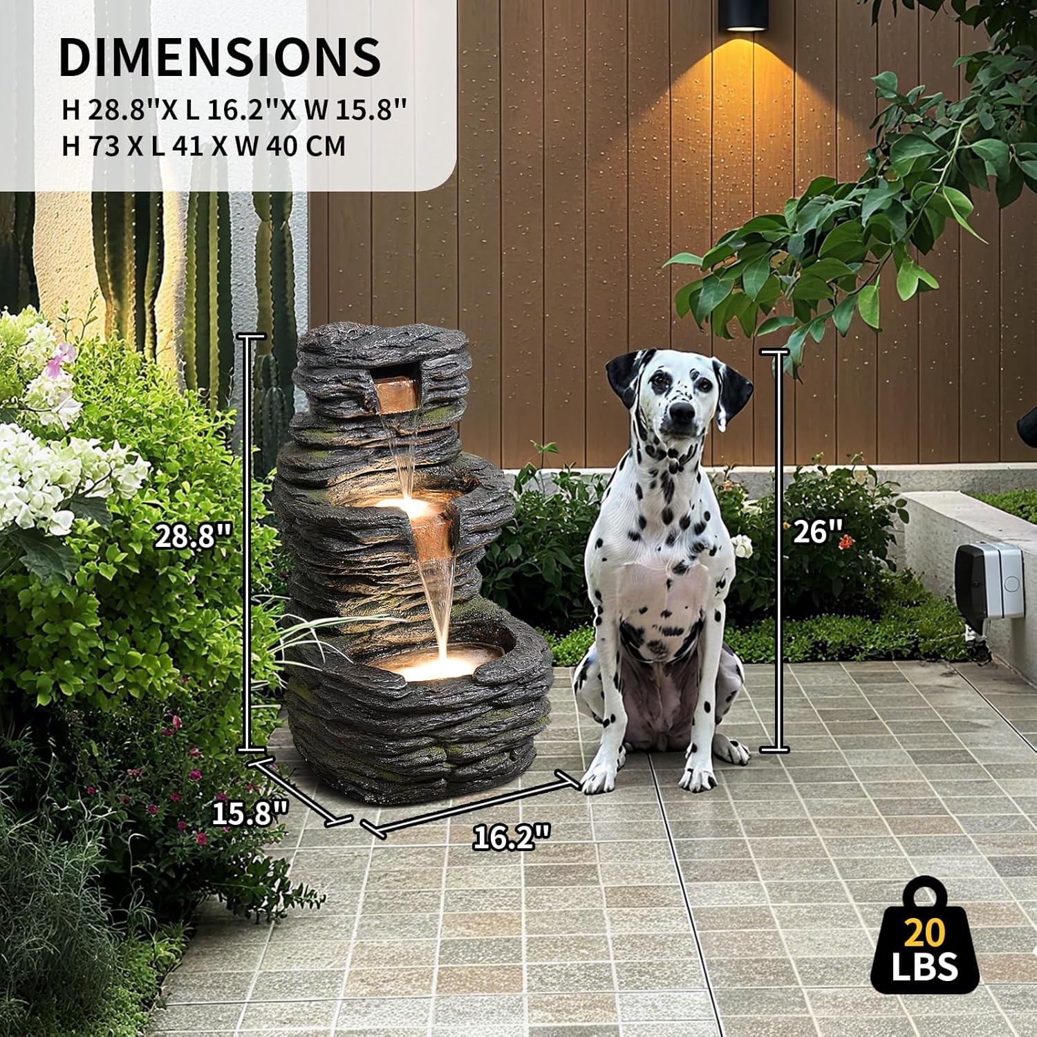 3 Tier Cascading Rock Water Fountain Outdoor Garden,28.74" H Natural Look Outdoor Fountains and Waterfalls with LED Lights for Patio, Deck, Porch, Backyard, Outside and Indoor Home Decor