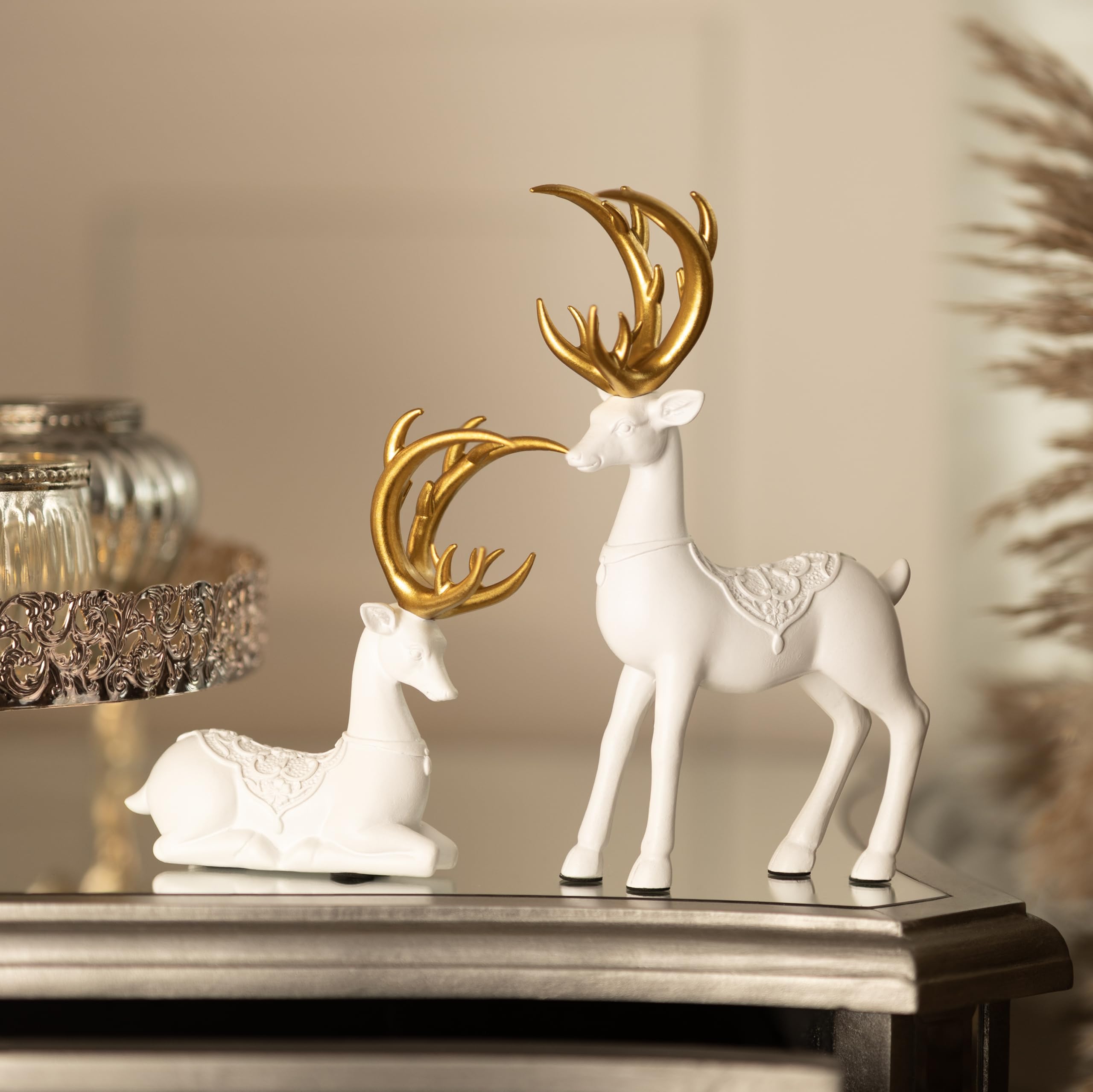 Marco Paul Interiors White Deer - Set Of 2 Marco Paul Christmas Set Of 2 Reindeer Ornaments – White Cement Stag Figurines With Gold Antlers – Standing & Sitting Decorative Deer Sculptures For Christmas Decorations