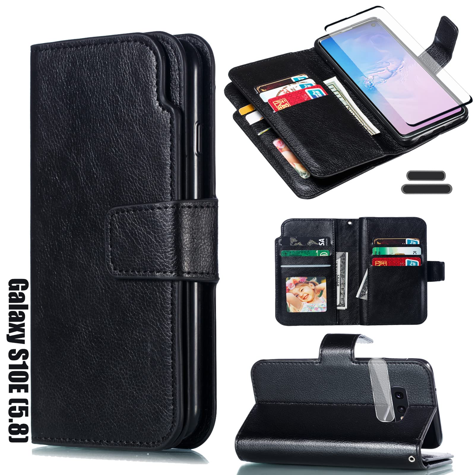 LMDAMZ for Galaxy S10E 5.8 Inch Wallet Case [3+ Card Slots] ID Business Card Credit Card Slot Carry Pouch with Stand Double Sided Multi-Card Slot Flip Folding PU Wallet Leather Case (Black)