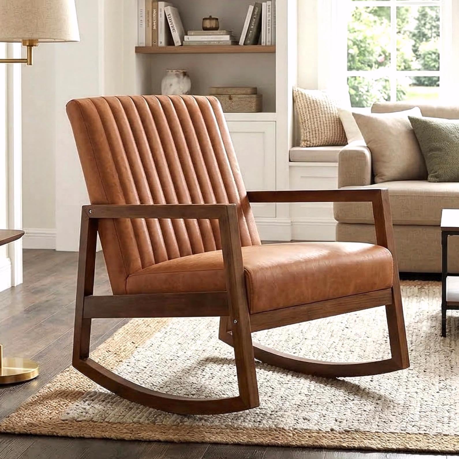 VESCASA Brown Faux Leather Rocking Chair with Channel-Tufted Back, Mid-Century Modern Comfy Rocker with Walnut Wood Frame for Nursery Living Room