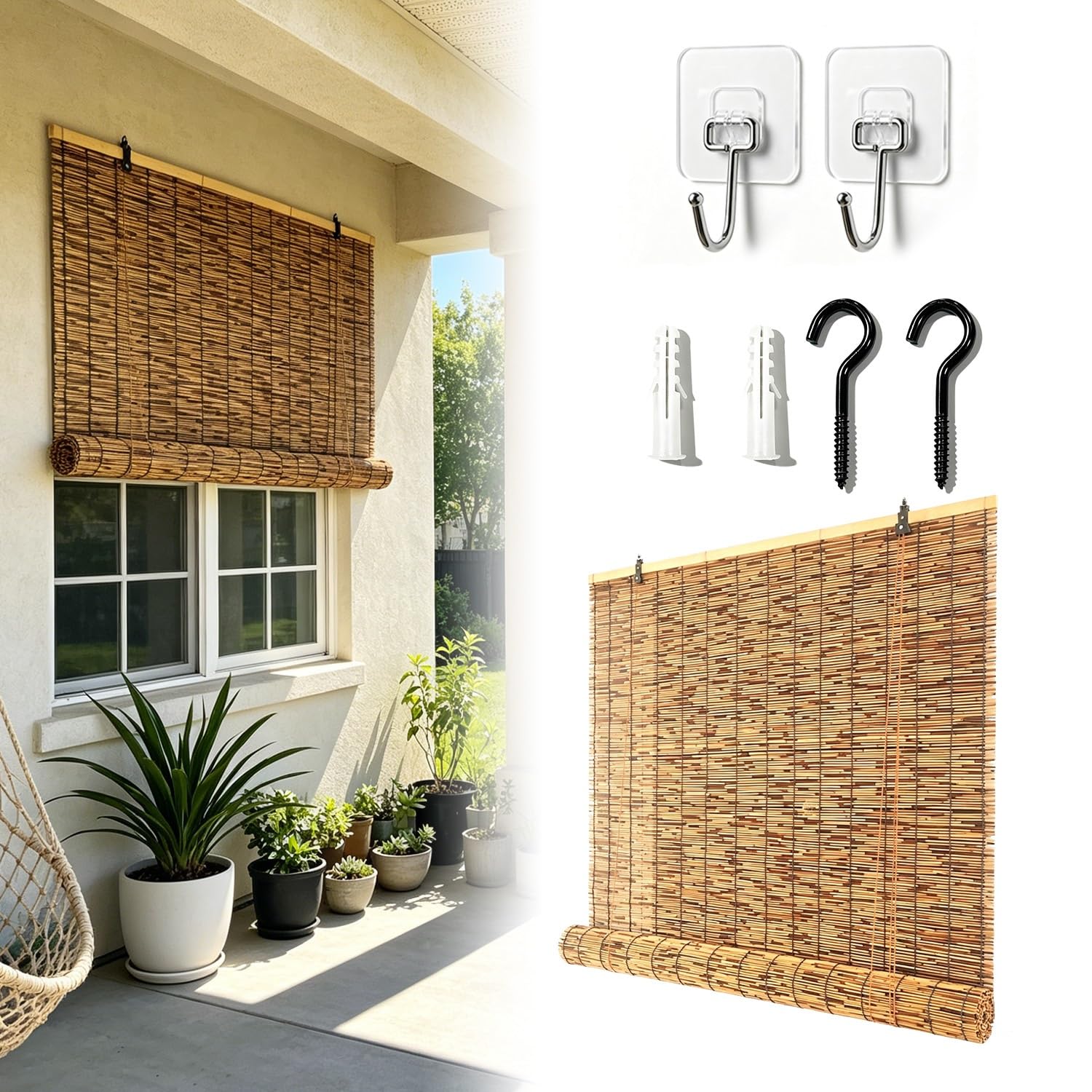 Store Enrouleur Bambou sans Percage, Rideau Bambou Exterieur Interieur, Rideau de Roseau Occultants À 70%, Naturel Stores Enrouleurs Bambou pour Fenêtres Véranda Pergola Balcon(W160 cm x H200 cm)