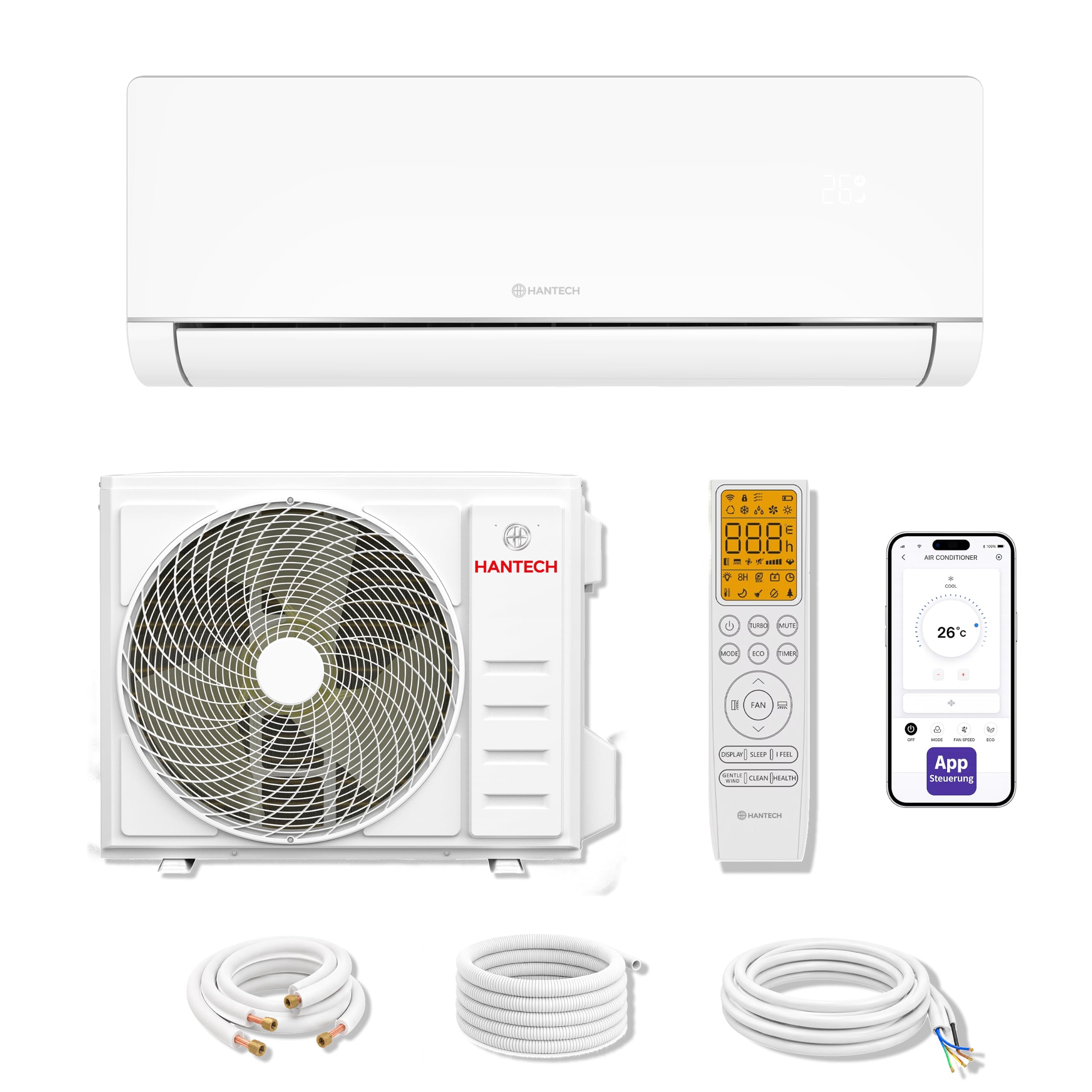 Hantech Split Klimaanlage 18000 BTU 5,2 kW WLAN R32 H-Plus 3m Leitung | Split-Klimagerät H-Plus mit 18000 BTU & 5,2 kW. Inklusive WLAN-Steuerung, R32 Kältemittel, 3m Leitung