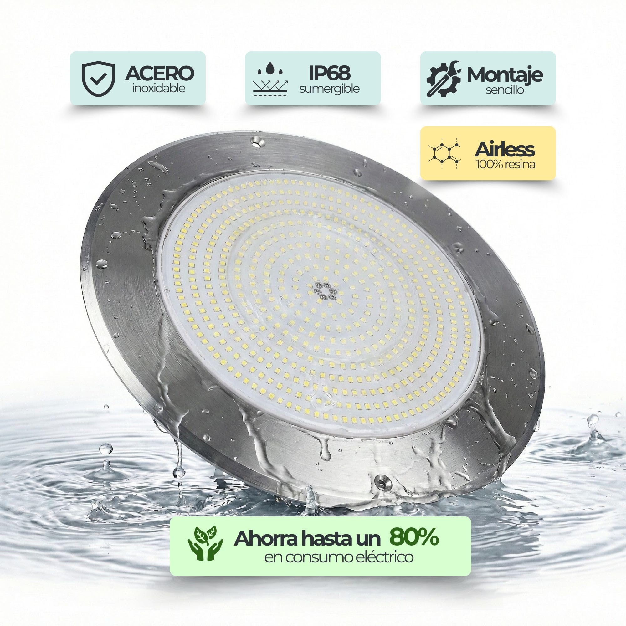 SWIMHOME Warmpool Foco LED Piscina Extraplano Superficie Acero Inoxidable Resina 35W Blanco Frío 6000K 12V 28cm
