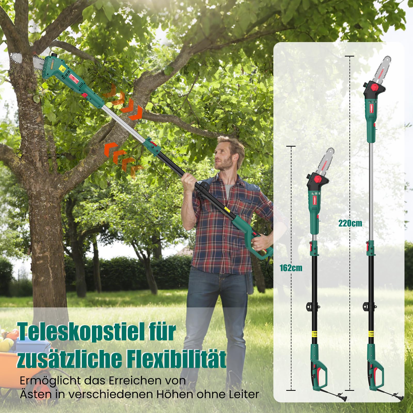 HYCHIKA Hochentaster Elektrisch, 750W Teleskop Kettensäge, Elektrische Hochentastungssäge, 162-220 CM Teleskopstange, 11 m/s Kettengeschwindigkeit, für Müheloses Schneiden und Beschneiden von Ästen