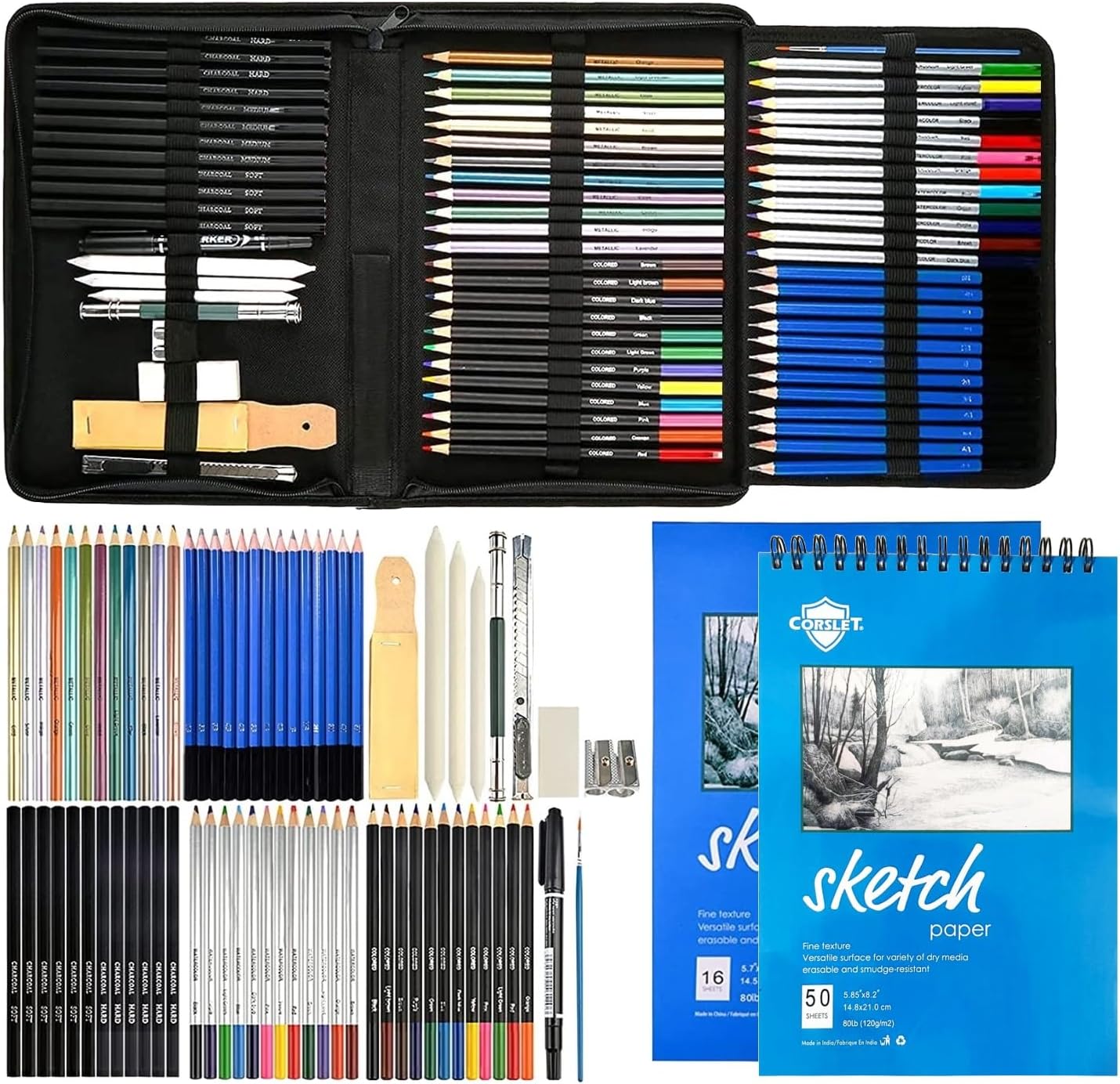 74 Pieces Sketch Pencils Set, Professional Art Supplies, Sketch Pencils Set and 16 & 50 Sheets A5 Sketchbook, Graphite, Anthracite, Watercolour Pencils