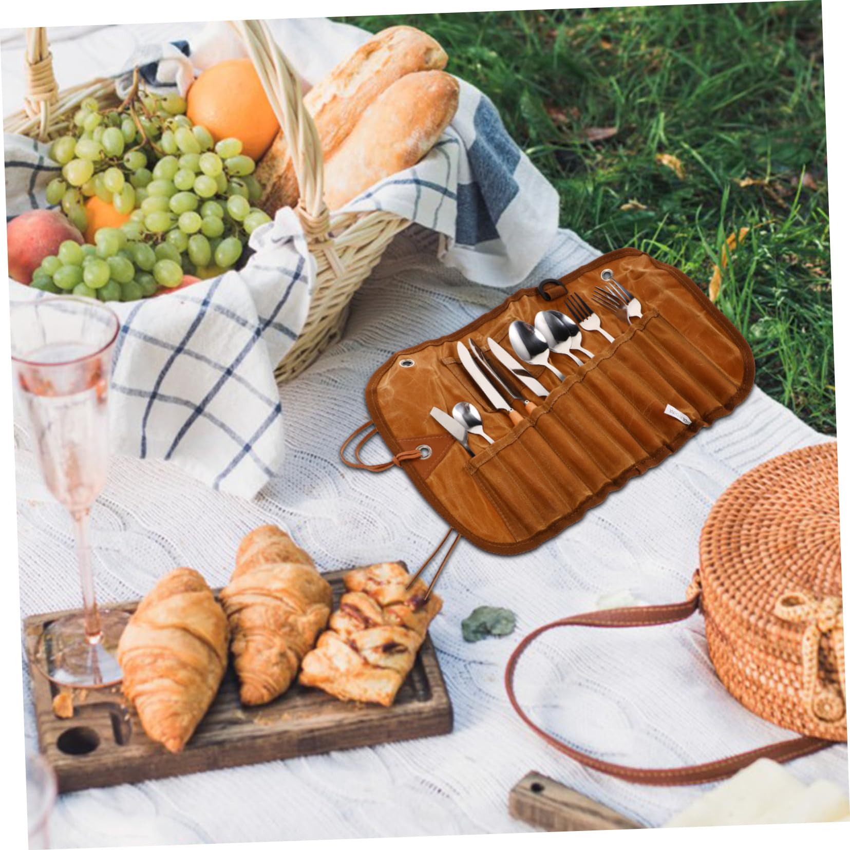 Set di Posate da Viaggio in Acciaio Inox, Marrone | Borsa Contenitore, Include Cucchiai e Forchette, per Picnic All’aperto e Spostamenti