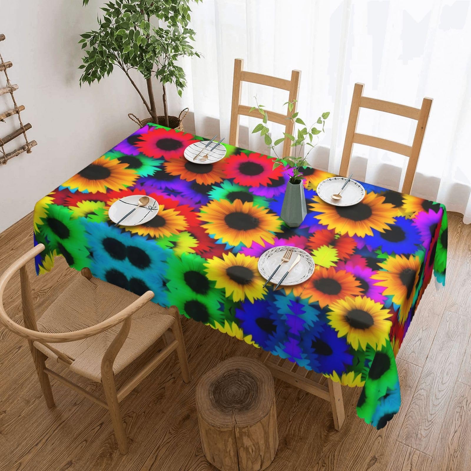 QAZWZML Rainbow Sunflower Printed tablecloth, made of thick polyester with lace trim, suitable for dining rooms, picnics, and weddings
