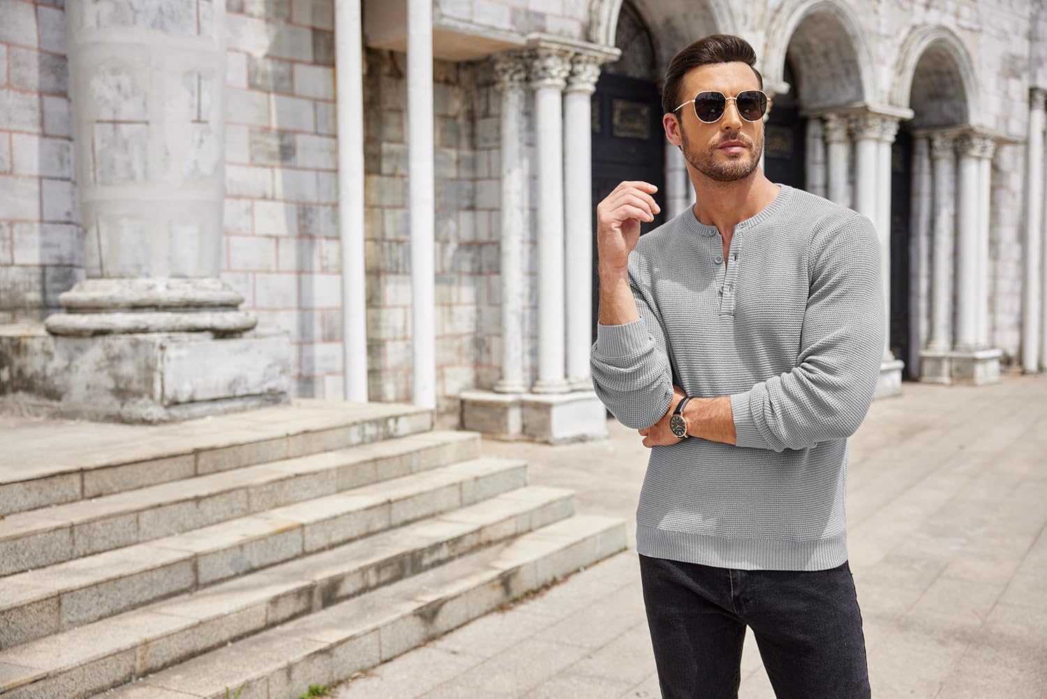 COOFANDY Men's Henley Knit Sweater Long Sleeve Button Pullover Sweater Casual Waffle Texture Fashion Henley Sweater - Image 6