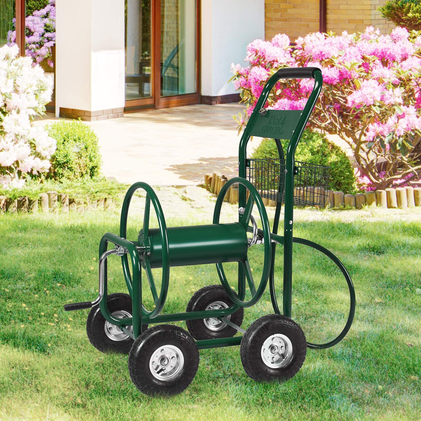 GYMAX Carrello Avvolgitubo da Giardino in Metallo e Gomma,con Ruote e Cestello