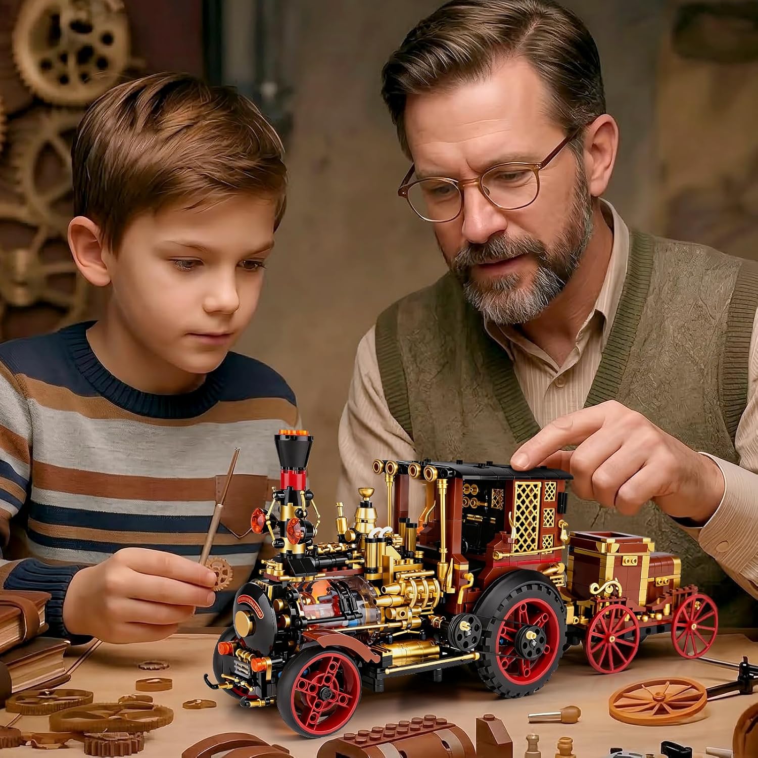 OWNONE 1 Vintage Car Steam Engine Building Blocks Set with Lights, Western Retro Steam Tractor Locomotive Model Building Kit for Vintage & West Lovers, Creative Home Office Decor Gift for Adults Teens