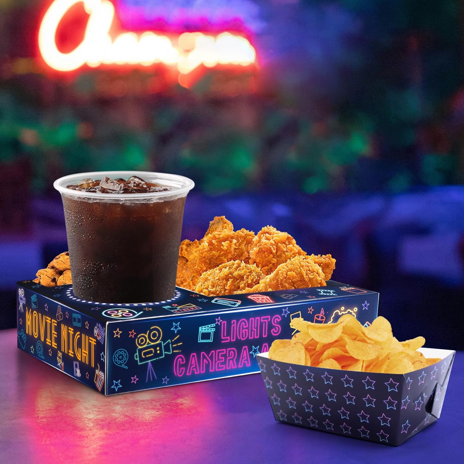 ネオングロー パーティー用品 映画ナイトペーパー スナックトレイ グローパーティーデコレーション 映画ナイトパーティー ヴィンテージ