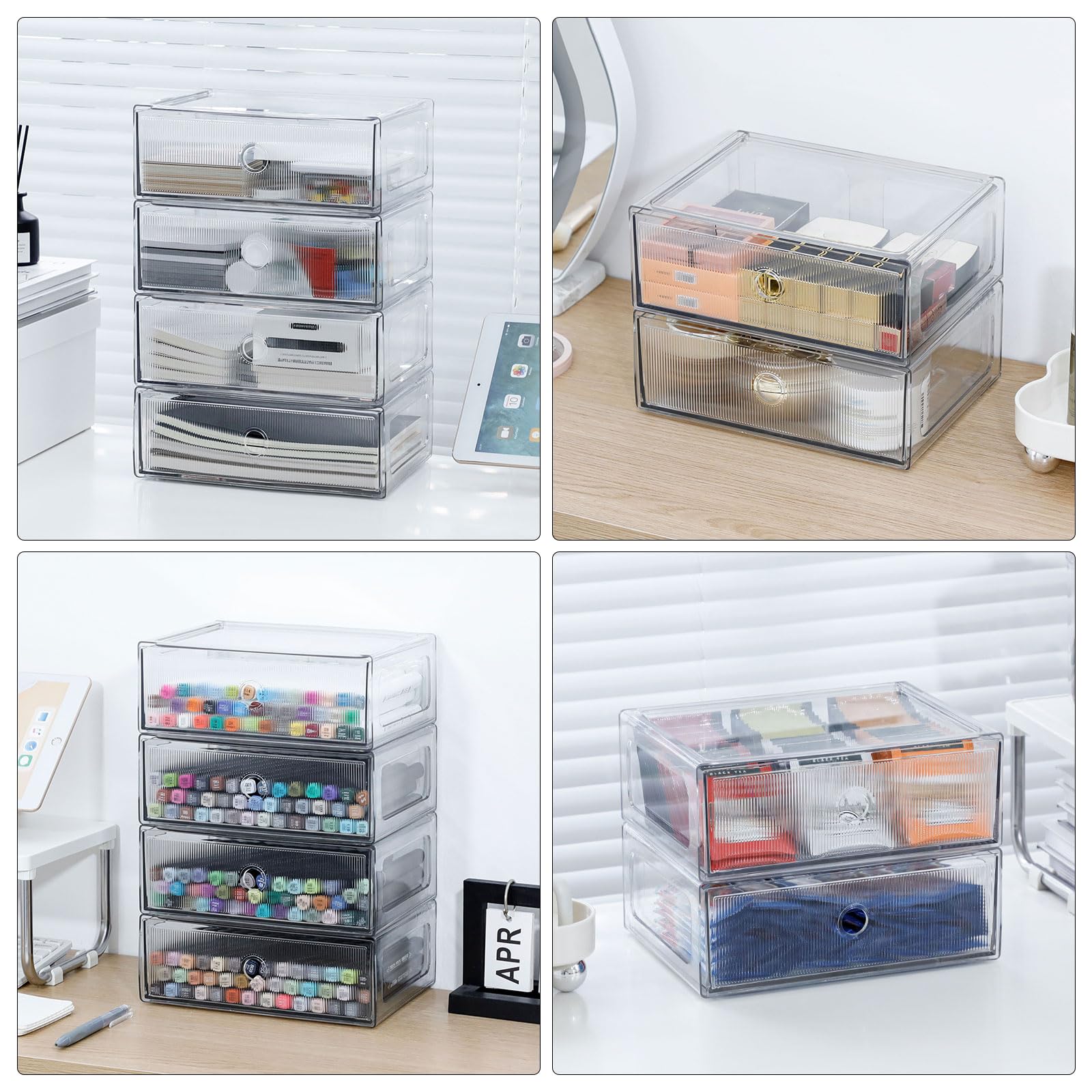 Organizzatori trasparenti per cassetti da scrivania, 4 cassetti, in plastica | Organizer da scrivania impilabile e accessori, per pennarelli, matite, cancelleria, per casa, ufficio, bagno, cucina